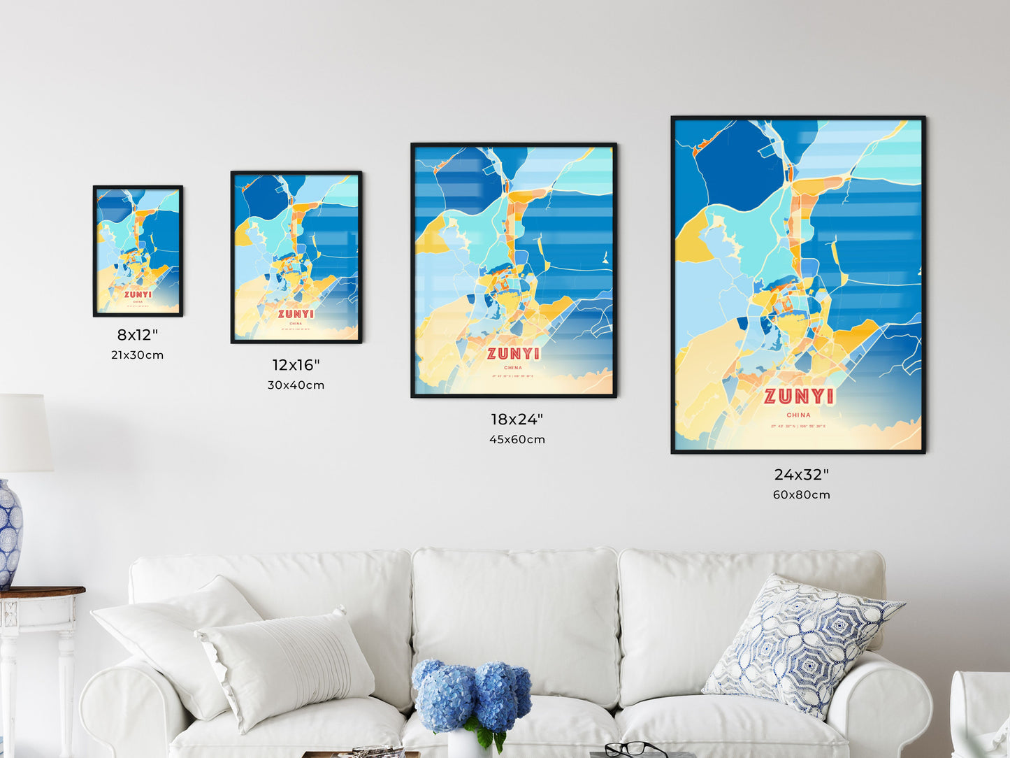 Colorful ZUNYI CHINA Fine Art Map Blue Orange