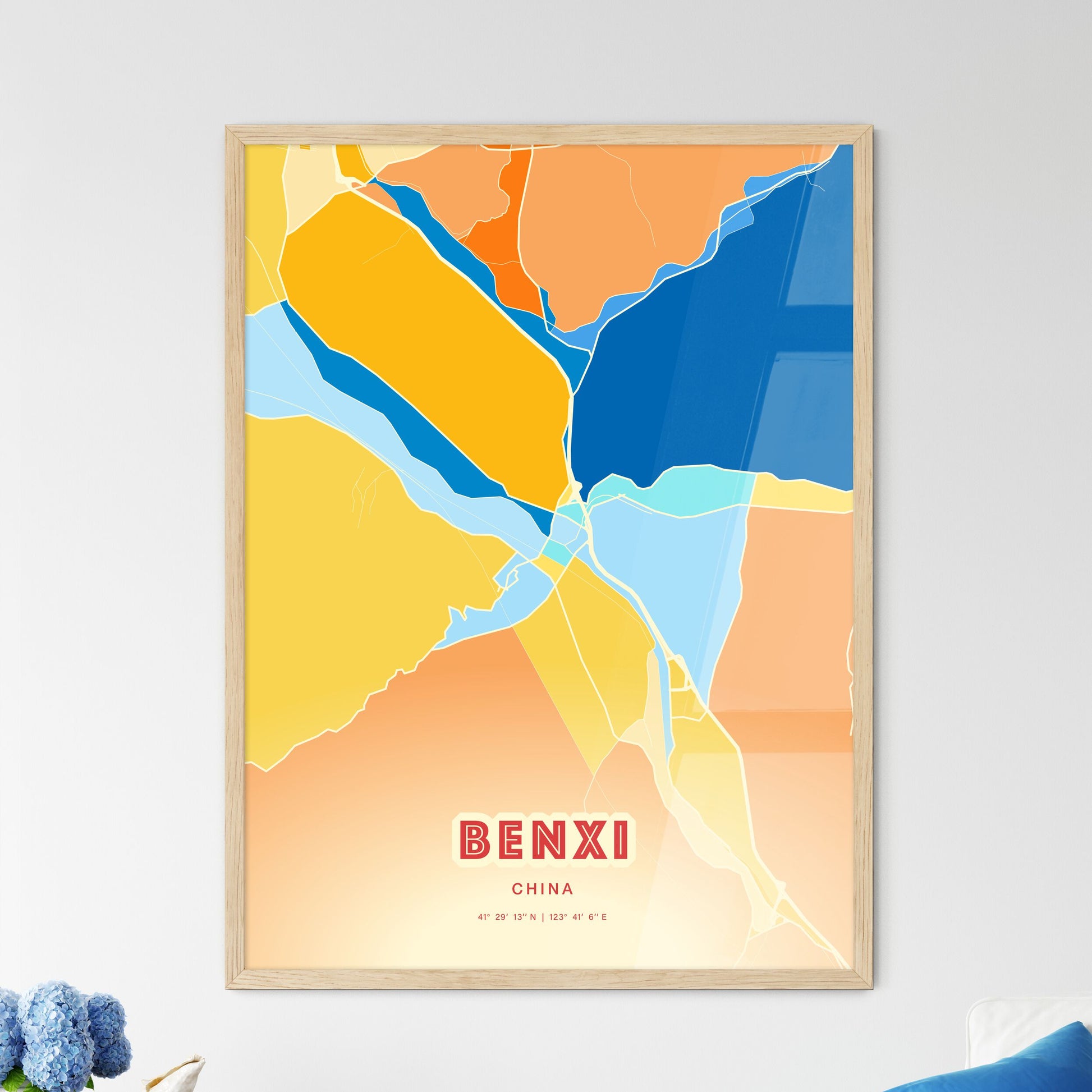 Colorful BENXI CHINA Fine Art Map Blue Orange