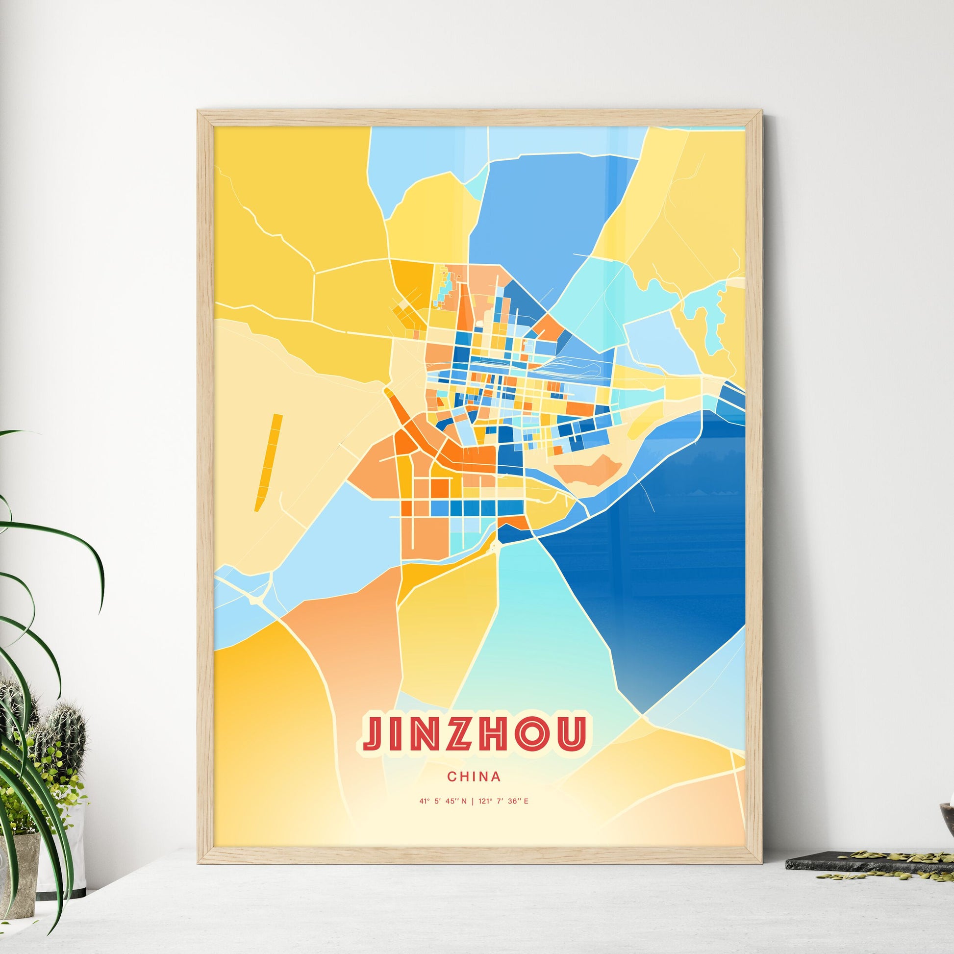 Colorful JINZHOU CHINA Fine Art Map Blue Orange