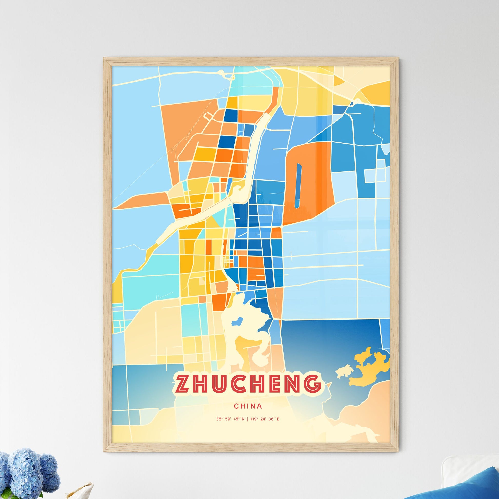 Colorful ZHUCHENG CHINA Fine Art Map Blue Orange