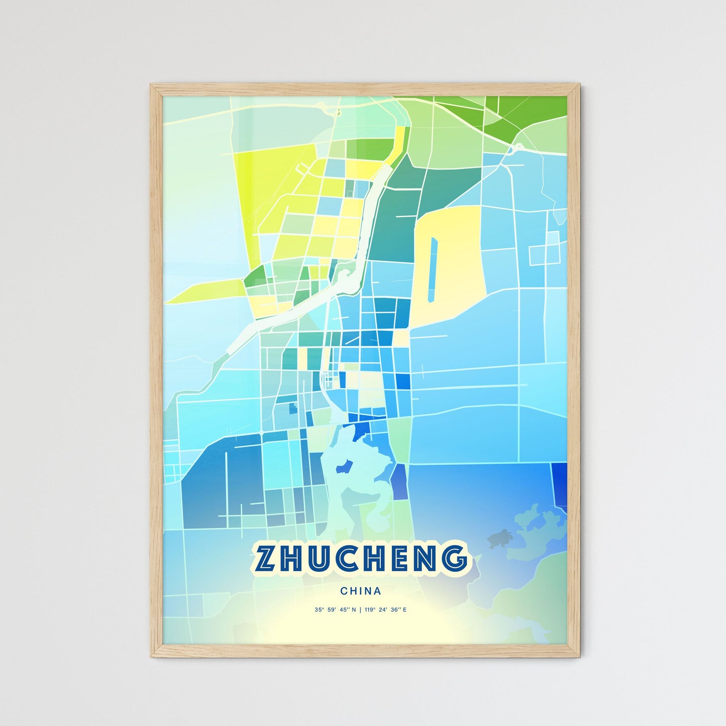 Colorful ZHUCHENG CHINA Fine Art Map Cool Blue