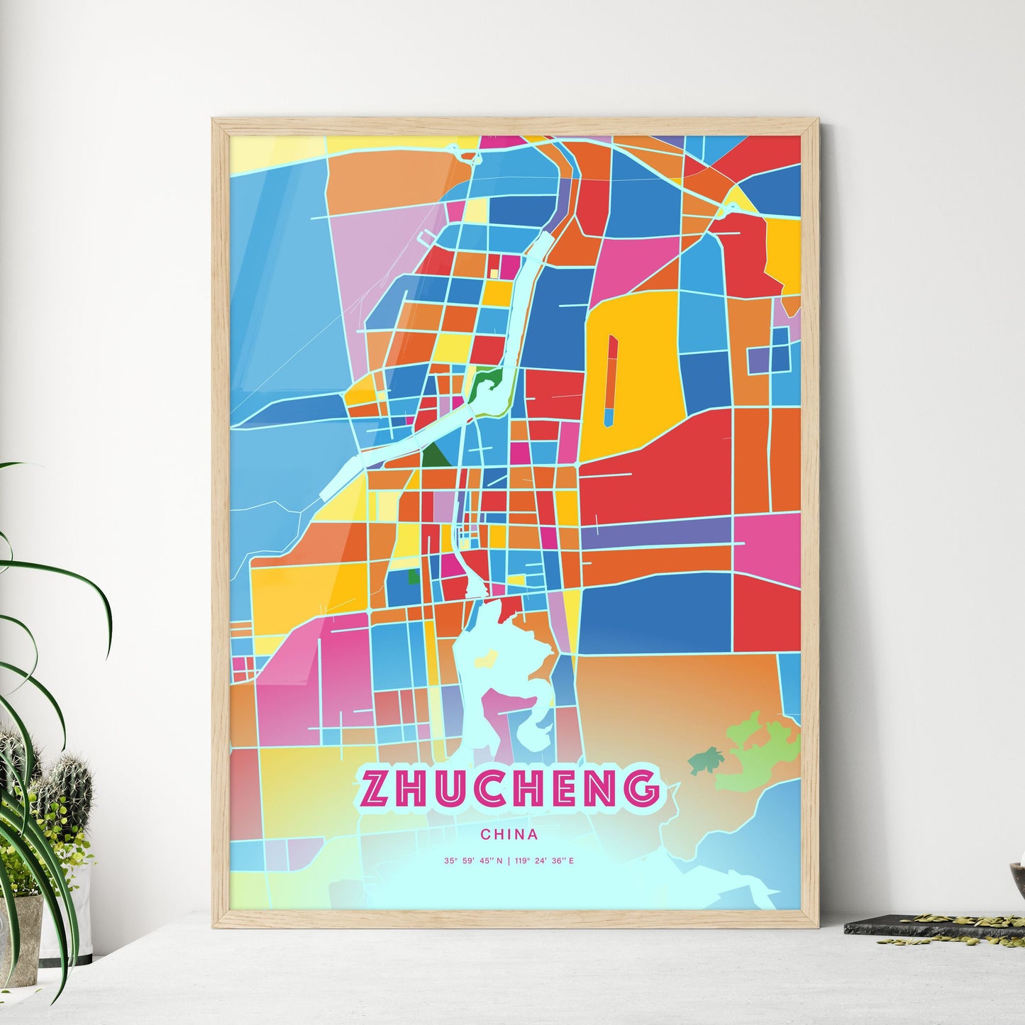 Colorful ZHUCHENG CHINA Fine Art Map Crazy Colors