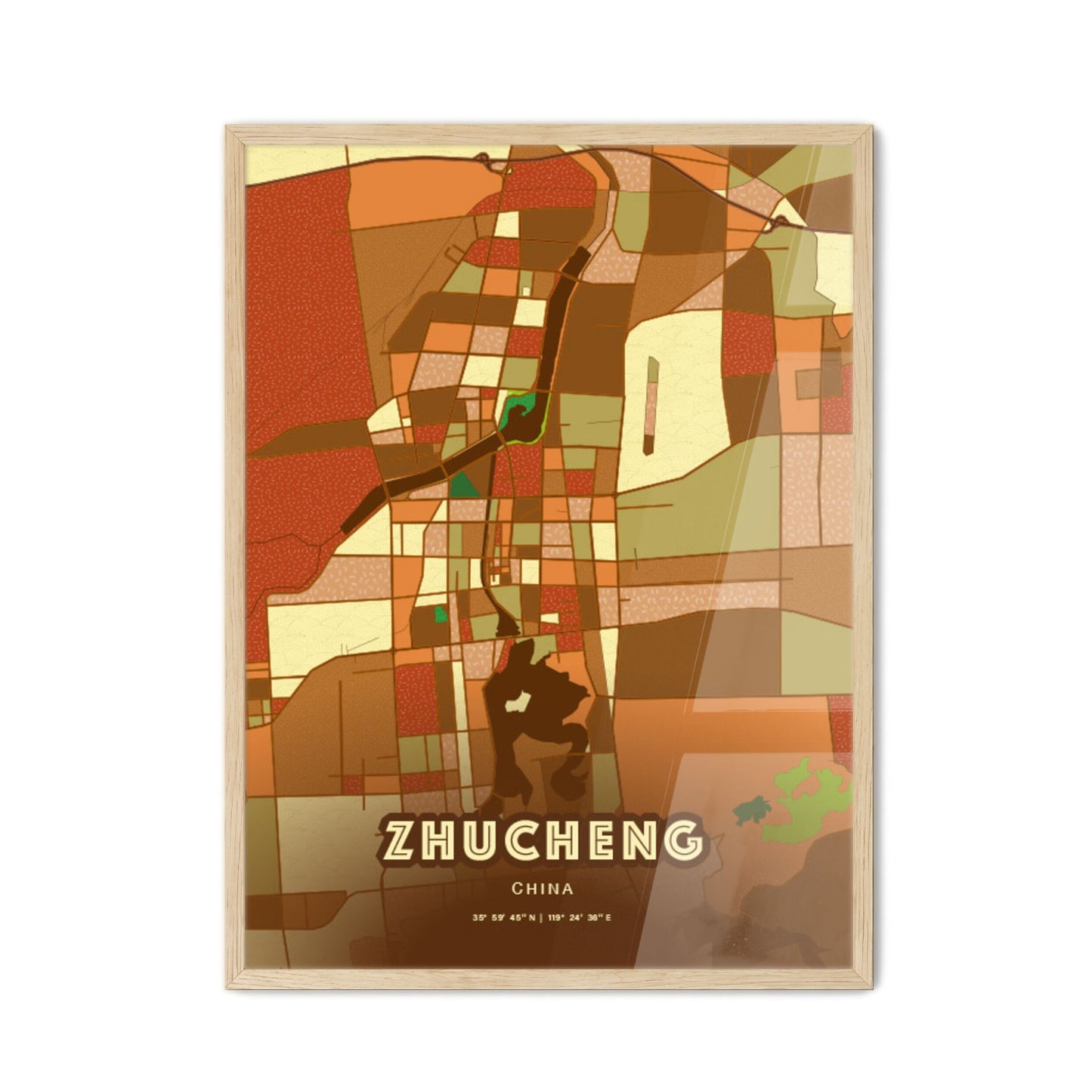 Colorful ZHUCHENG CHINA Fine Art Map Farmhouse