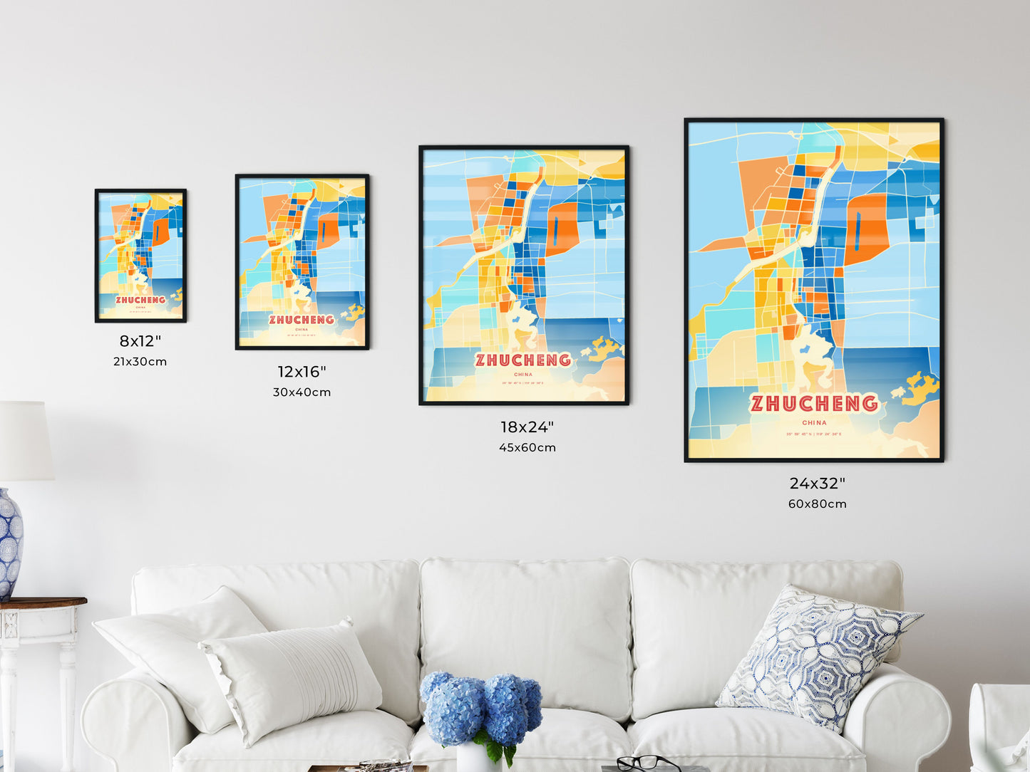 Colorful ZHUCHENG CHINA Fine Art Map Blue Orange