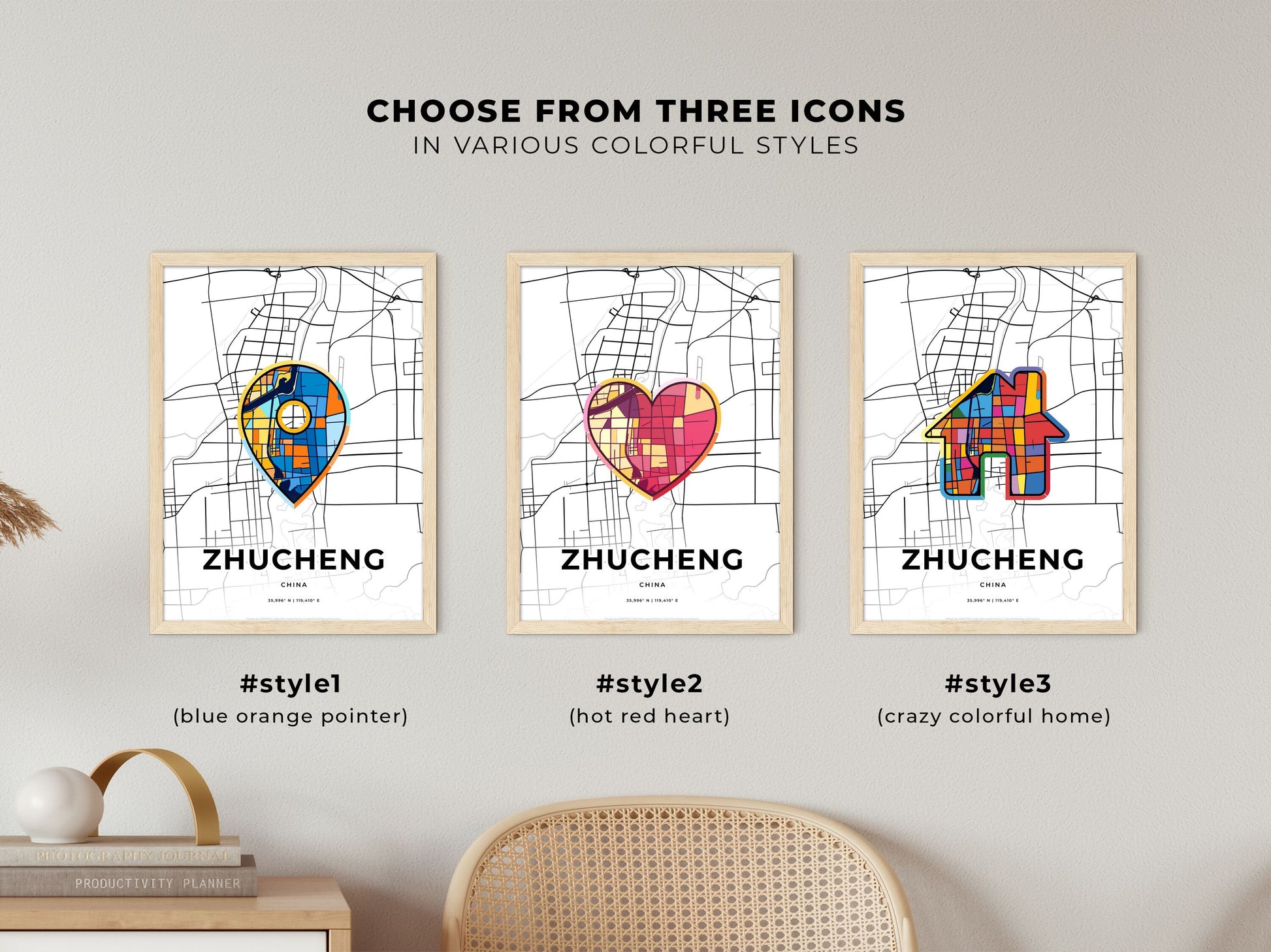 Zhucheng China maps with colorful icons