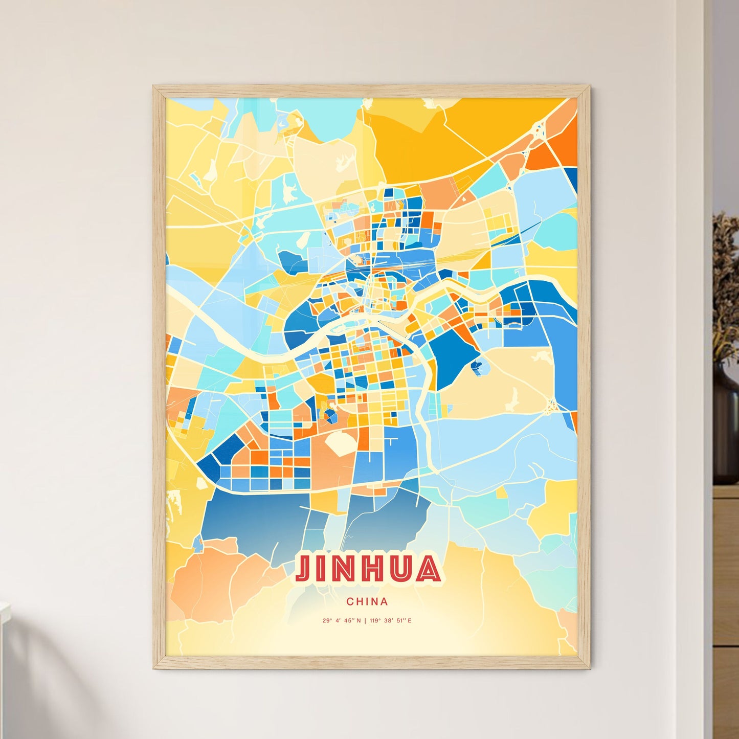 Colorful JINHUA CHINA Fine Art Map Blue Orange