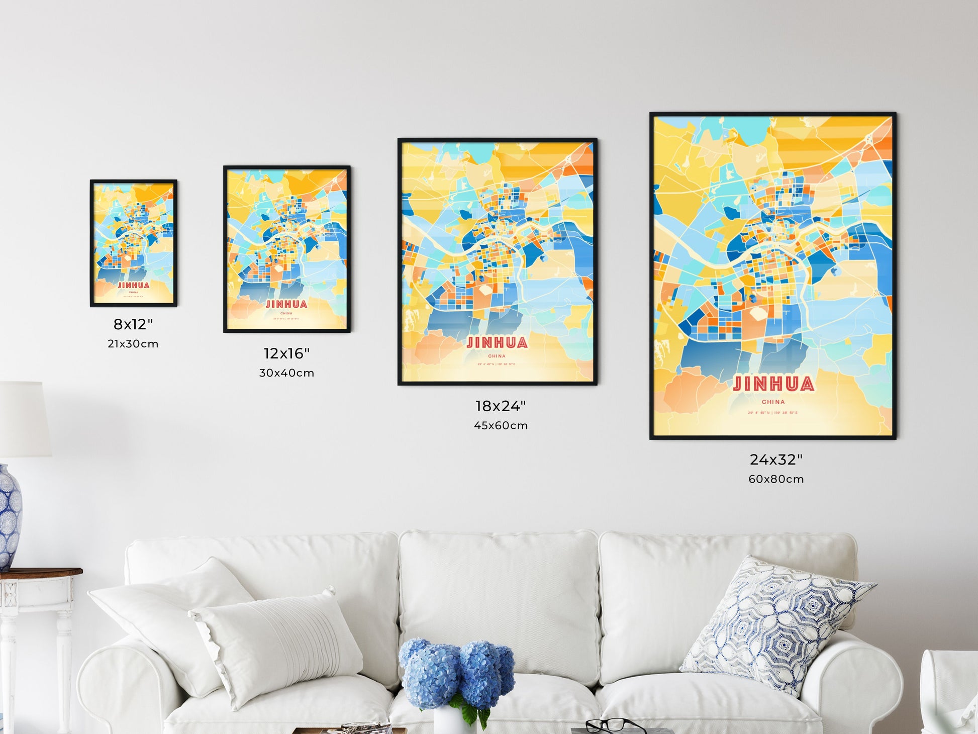 Colorful JINHUA CHINA Fine Art Map Blue Orange