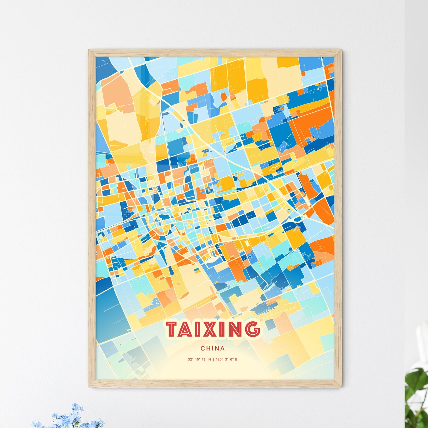 Colorful TAIXING CHINA Fine Art Map Blue Orange