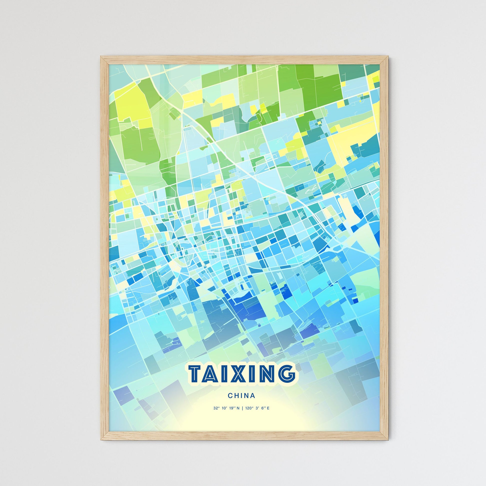 Colorful TAIXING CHINA Fine Art Map Cool Blue