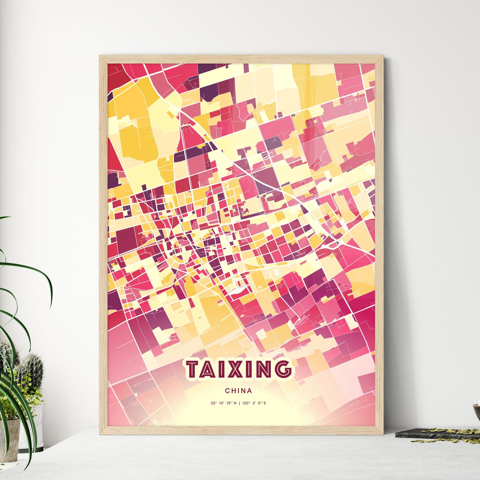 Colorful TAIXING CHINA Fine Art Map Hot Red