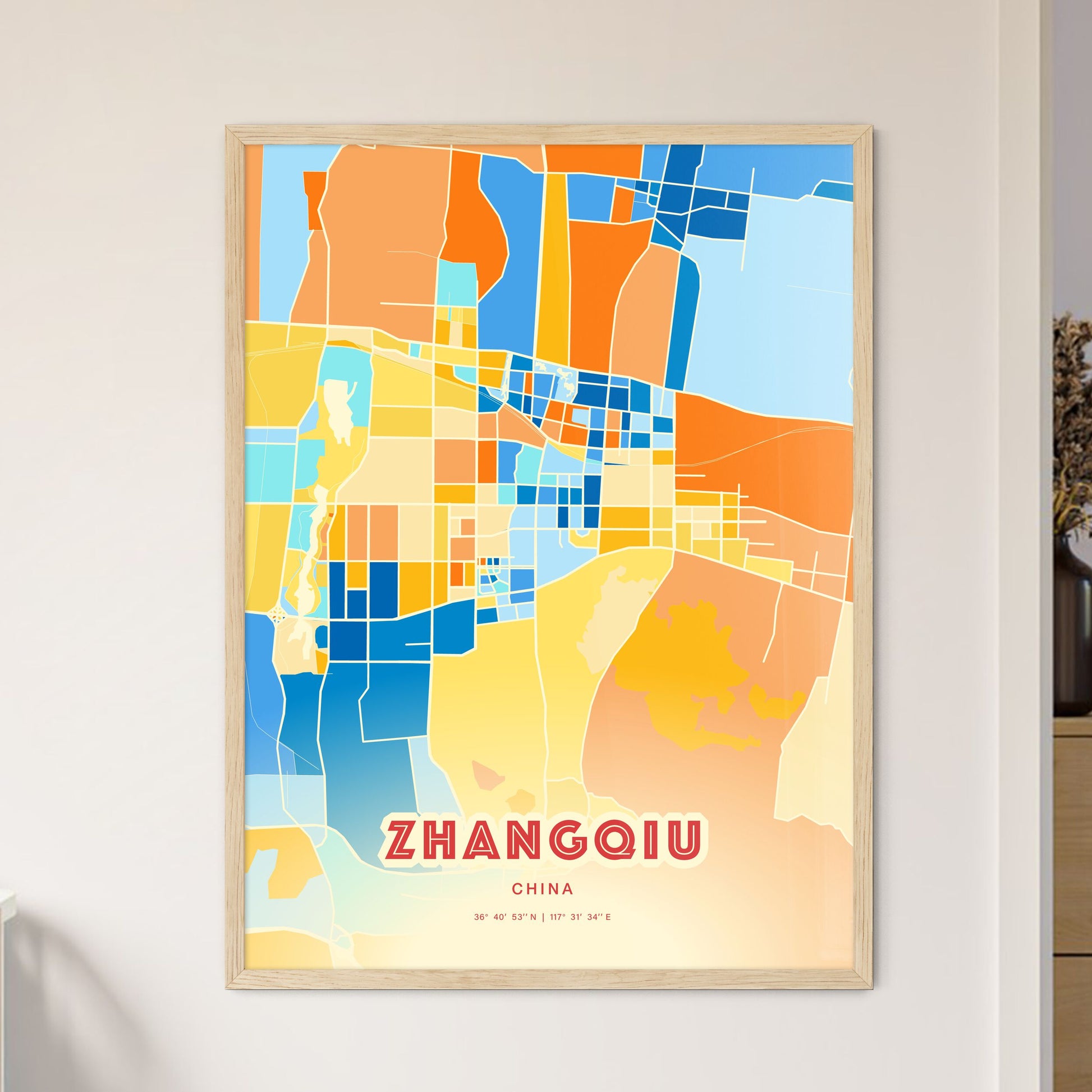 Colorful ZHANGQIU CHINA Fine Art Map Blue Orange