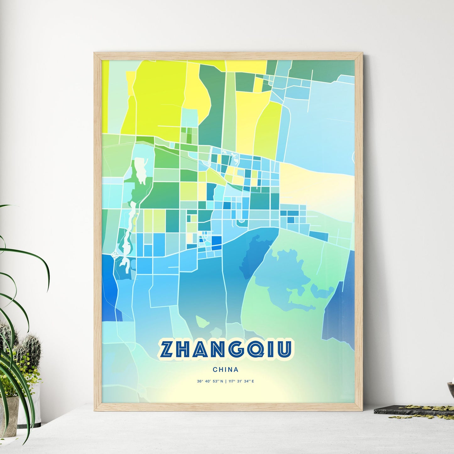 Colorful ZHANGQIU CHINA Fine Art Map Cool Blue