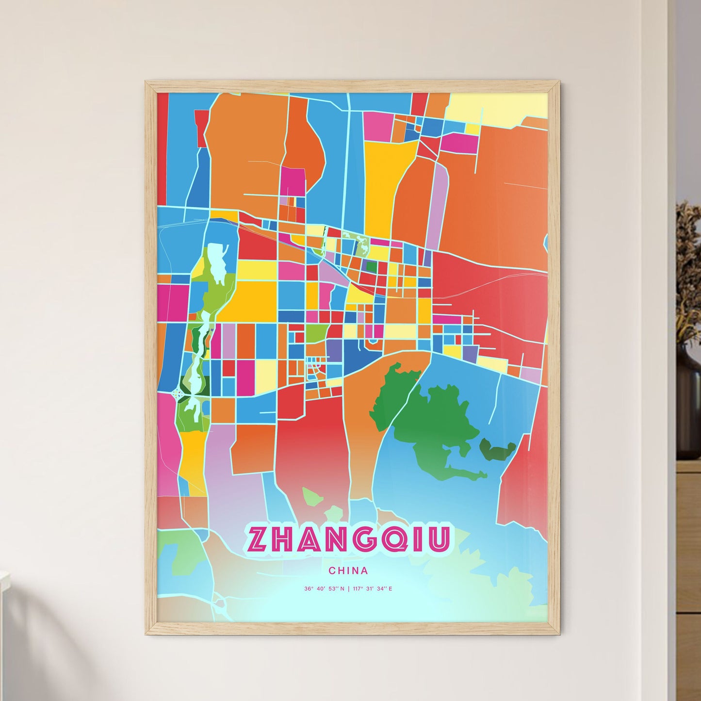 Colorful ZHANGQIU CHINA Fine Art Map Crazy Colors