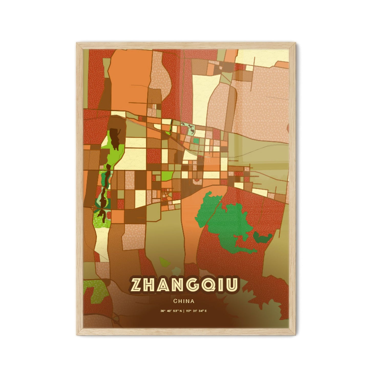 Colorful ZHANGQIU CHINA Fine Art Map Farmhouse