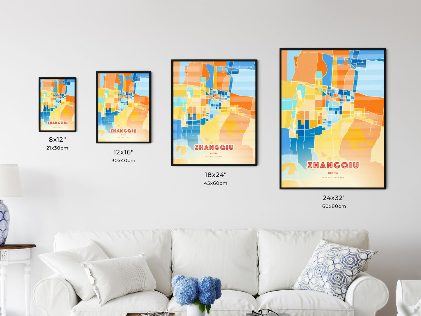 Colorful ZHANGQIU CHINA Fine Art Map Blue Orange