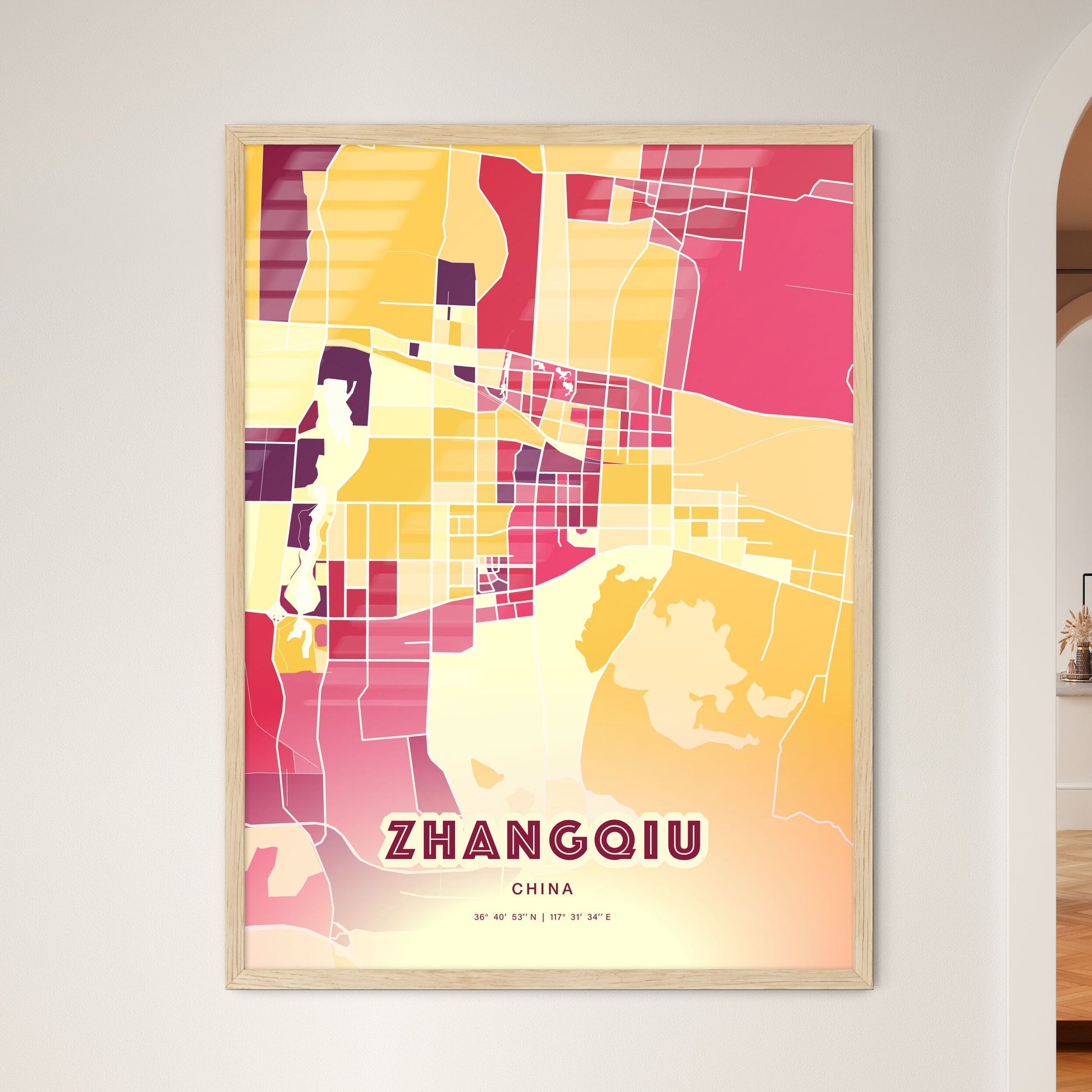 Colorful ZHANGQIU CHINA Fine Art Map Hot Red