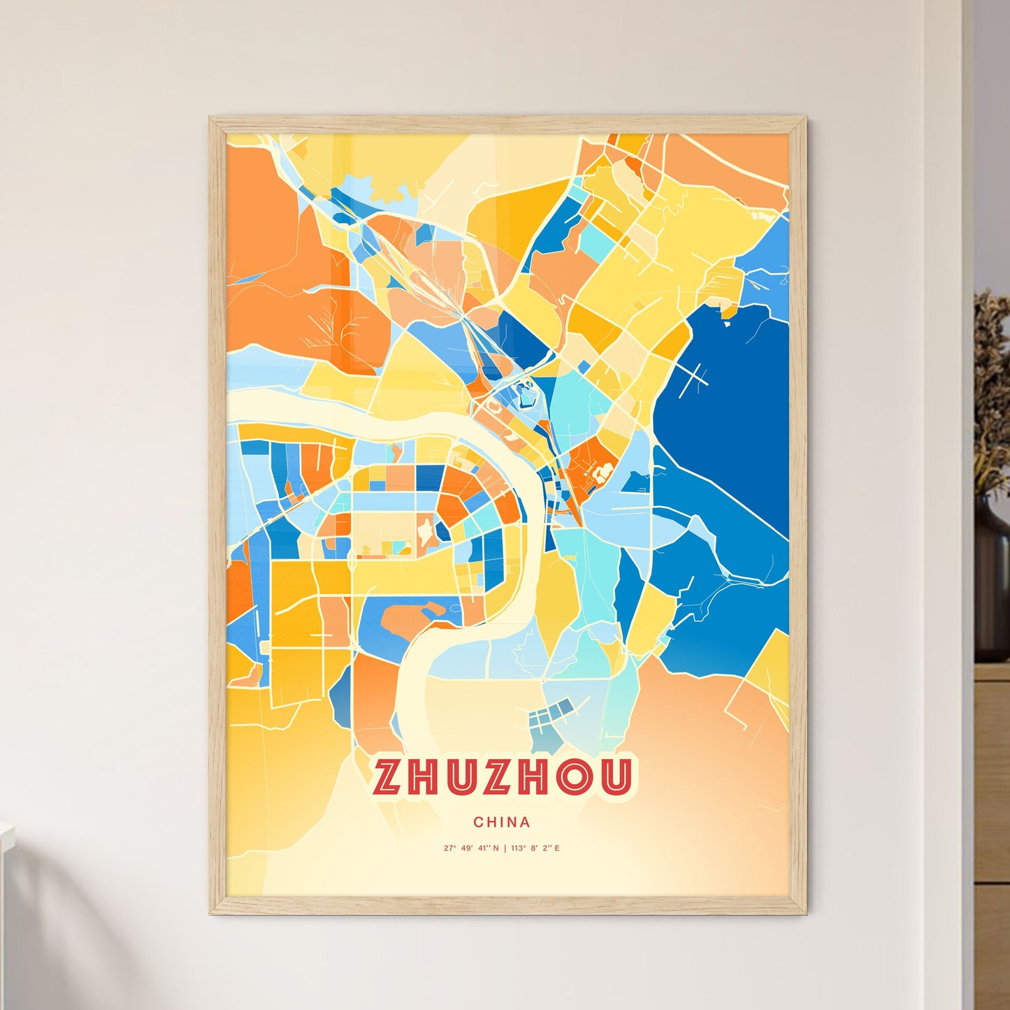 Colorful ZHUZHOU CHINA Fine Art Map Blue Orange