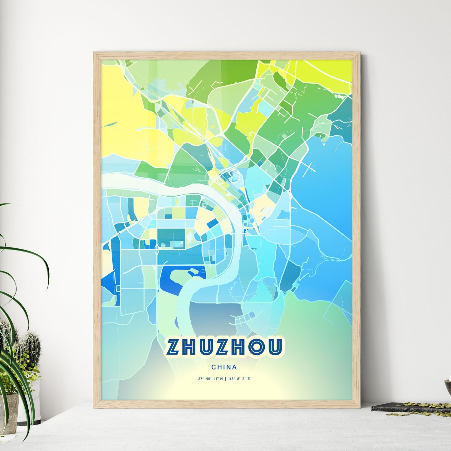 Colorful ZHUZHOU CHINA Fine Art Map Cool Blue