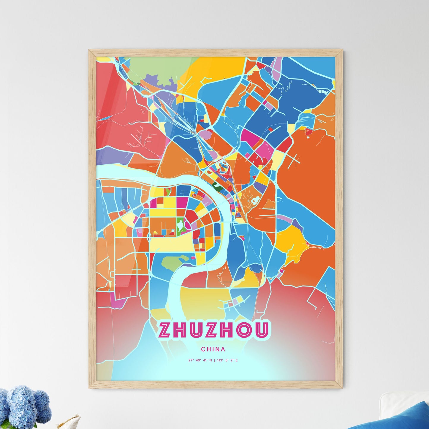 Colorful ZHUZHOU CHINA Fine Art Map Crazy Colors