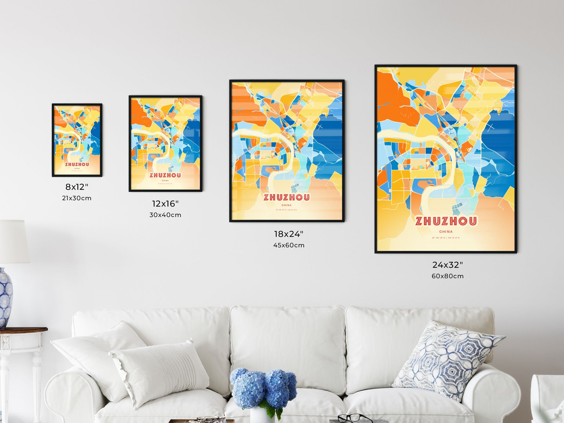 Colorful ZHUZHOU CHINA Fine Art Map Blue Orange