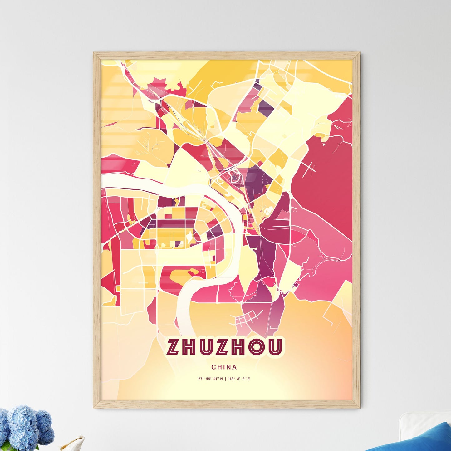 Colorful ZHUZHOU CHINA Fine Art Map Hot Red