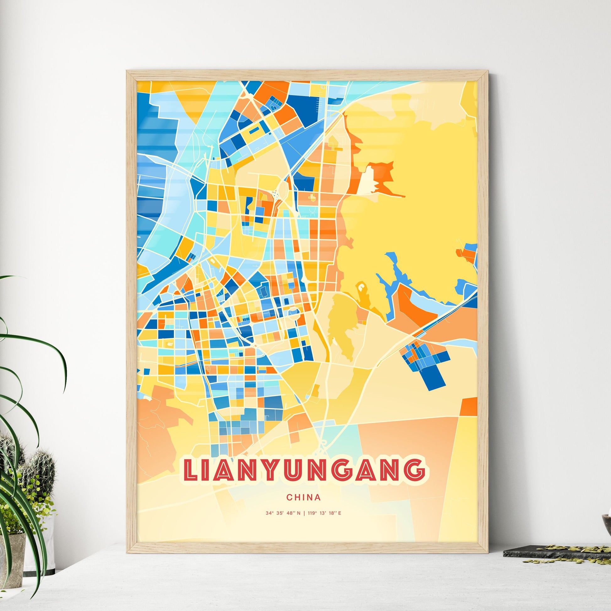 Colorful LIANYUNGANG CHINA Fine Art Map Blue Orange