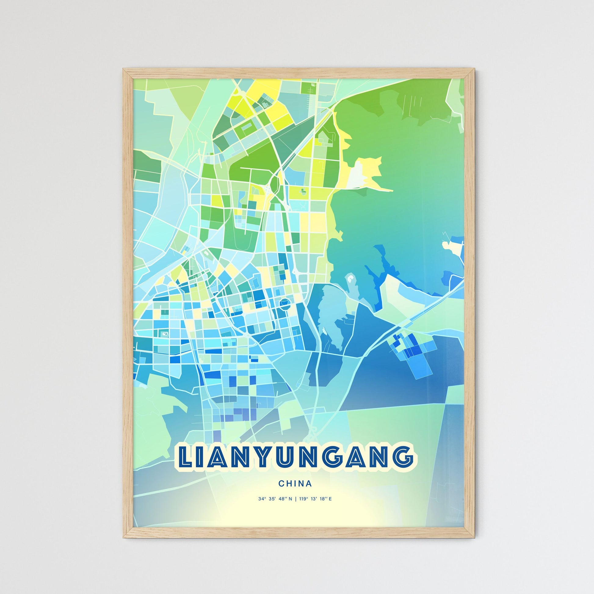 Colorful LIANYUNGANG CHINA Fine Art Map Cool Blue