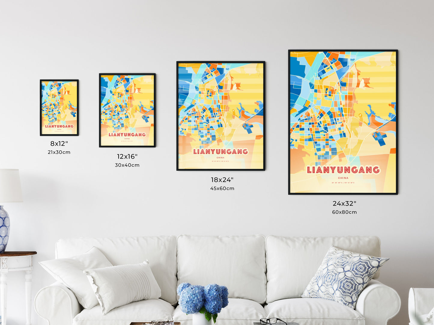 Colorful LIANYUNGANG CHINA Fine Art Map Blue Orange