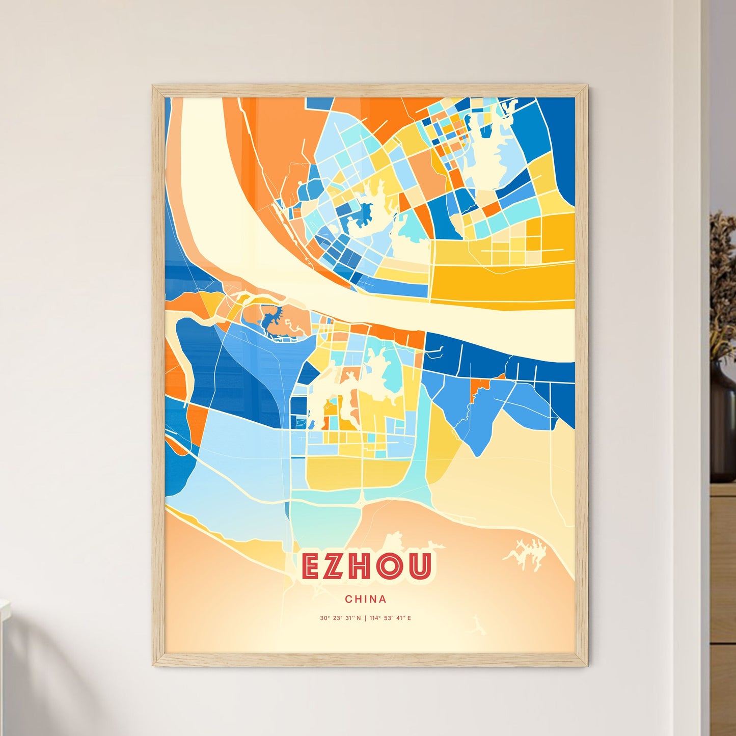 Colorful EZHOU CHINA Fine Art Map Blue Orange