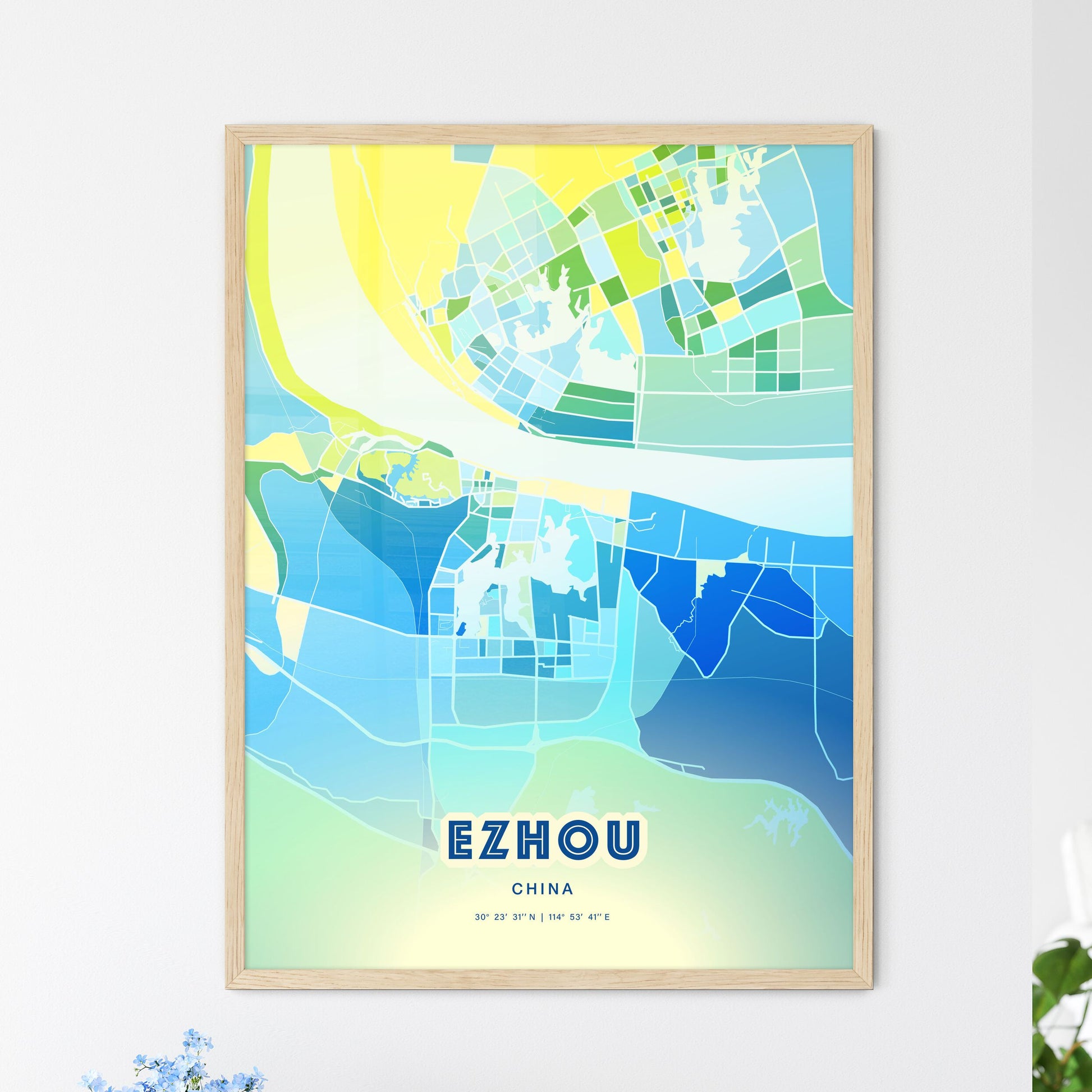 Colorful EZHOU CHINA Fine Art Map Cool Blue