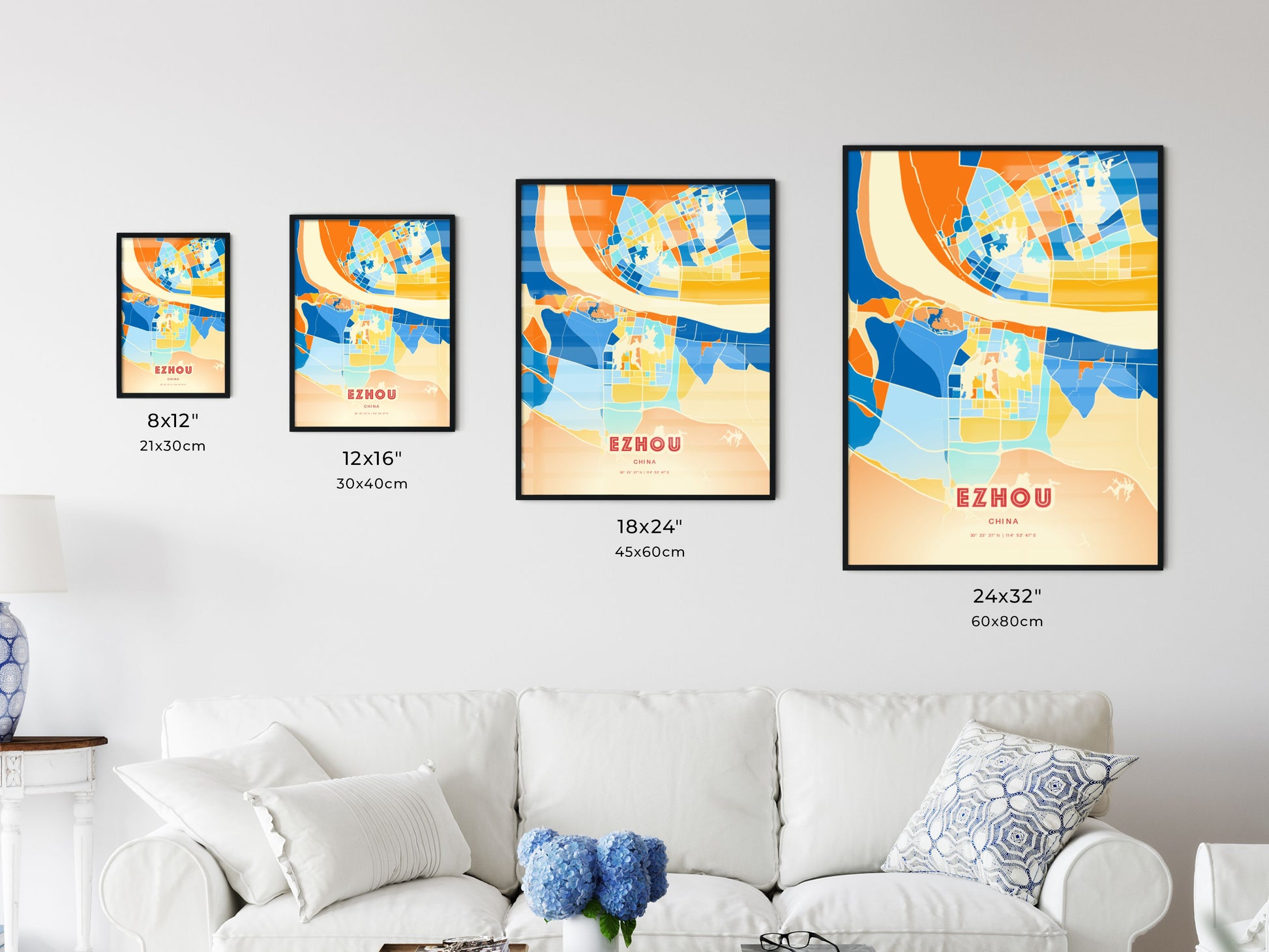 Colorful EZHOU CHINA Fine Art Map Blue Orange