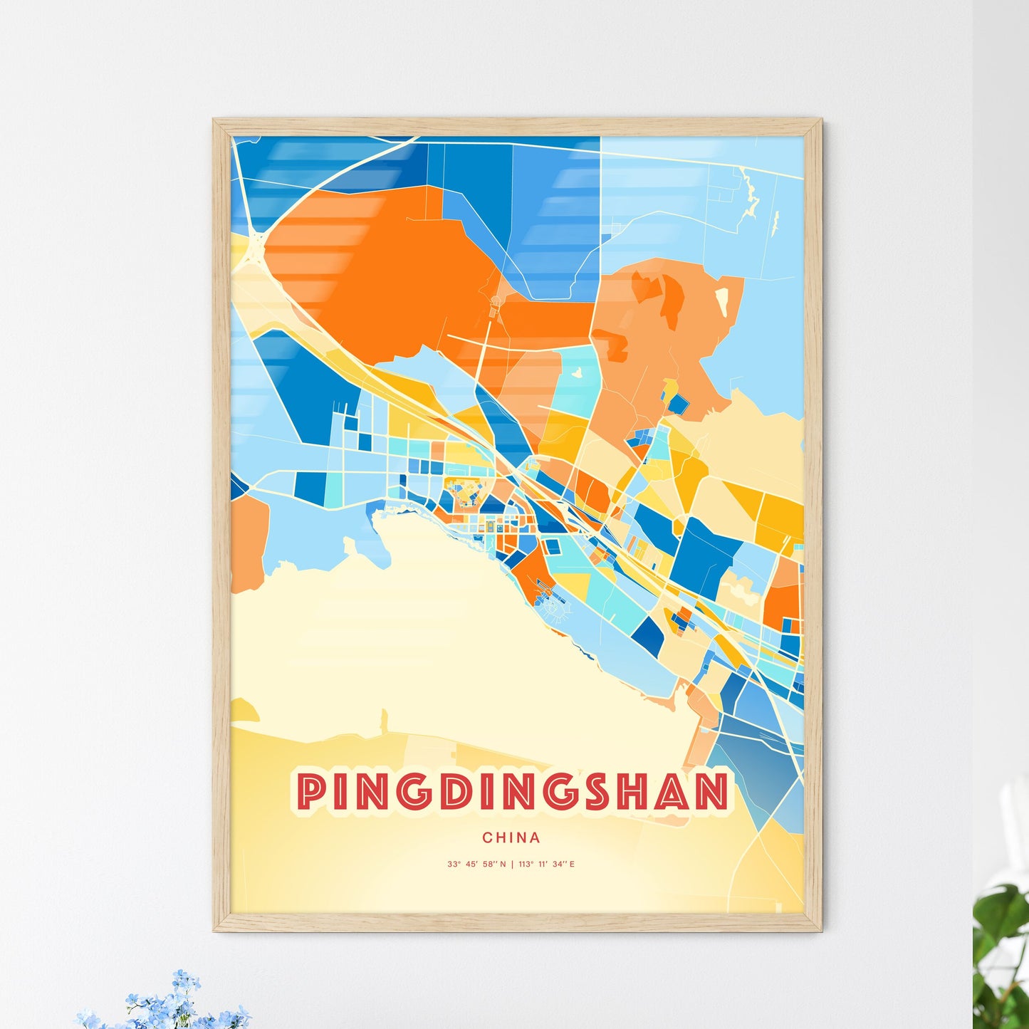 Colorful PINGDINGSHAN CHINA Fine Art Map Blue Orange