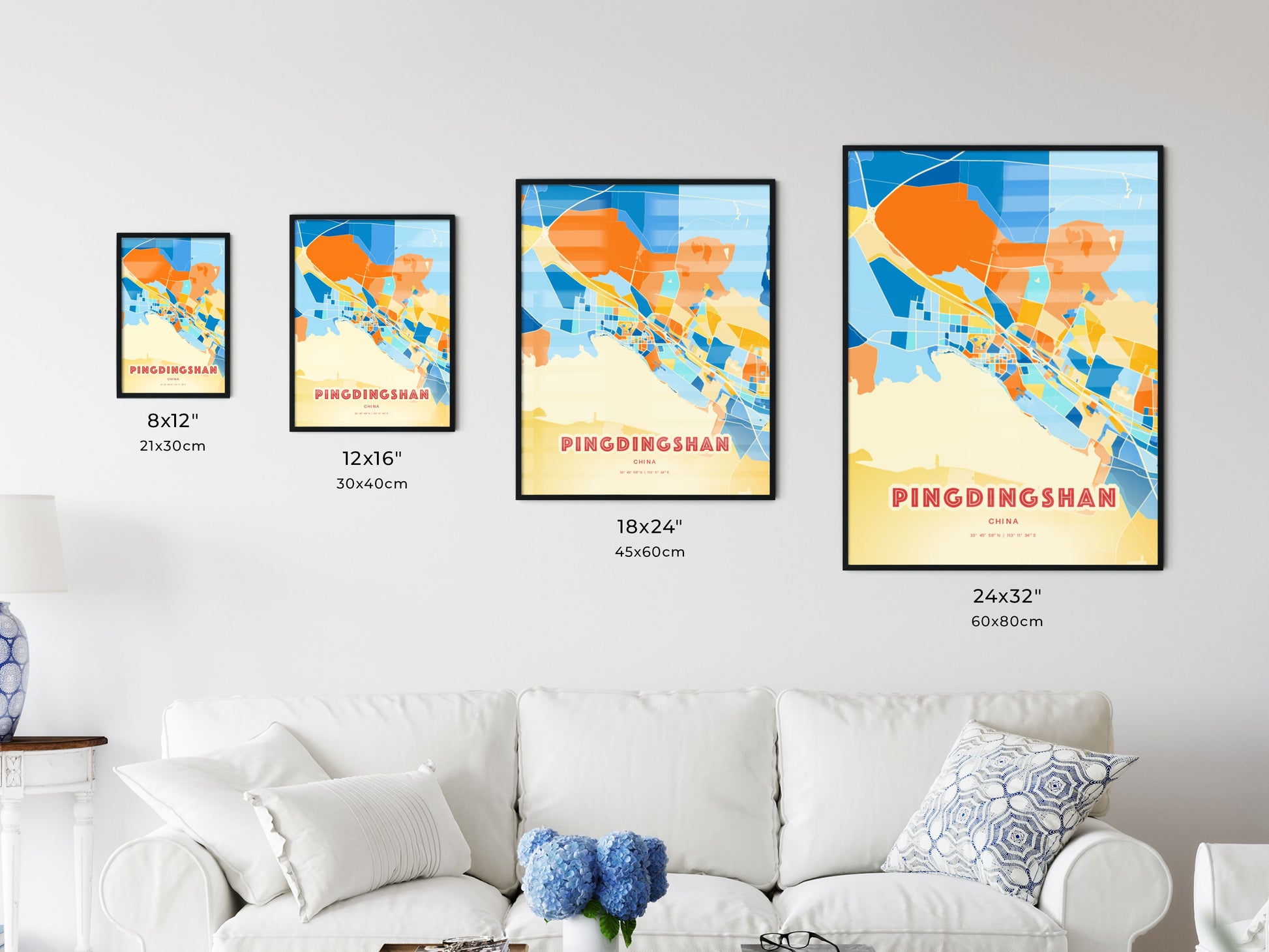 Colorful PINGDINGSHAN CHINA Fine Art Map Blue Orange