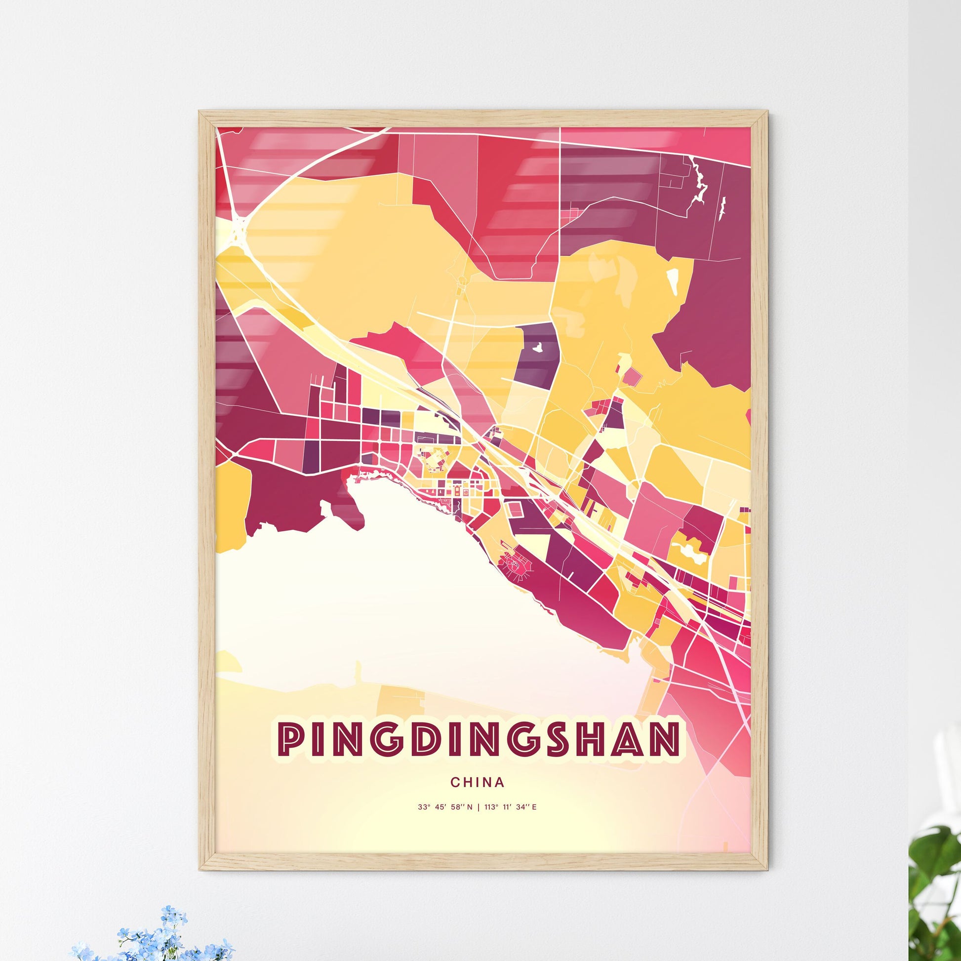 Colorful PINGDINGSHAN CHINA Fine Art Map Hot Red