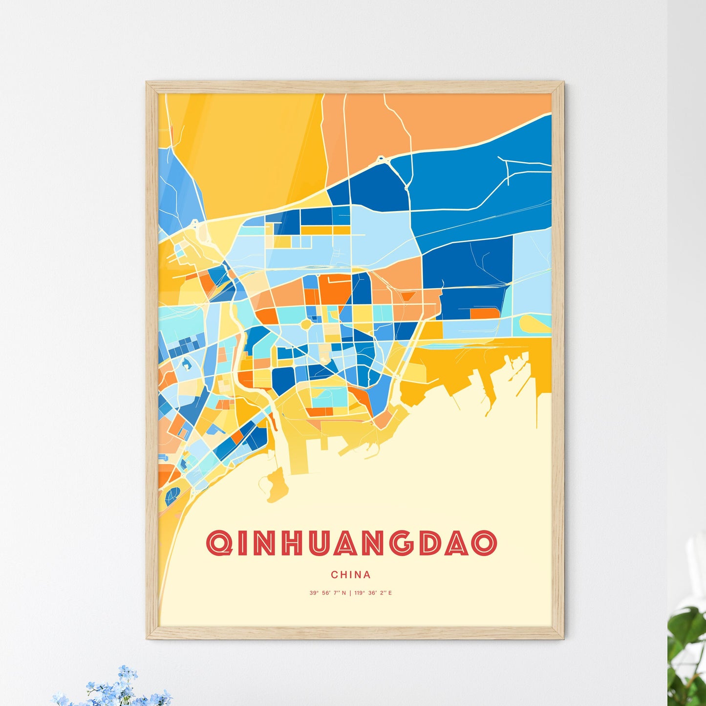 Colorful QINHUANGDAO CHINA Fine Art Map Blue Orange