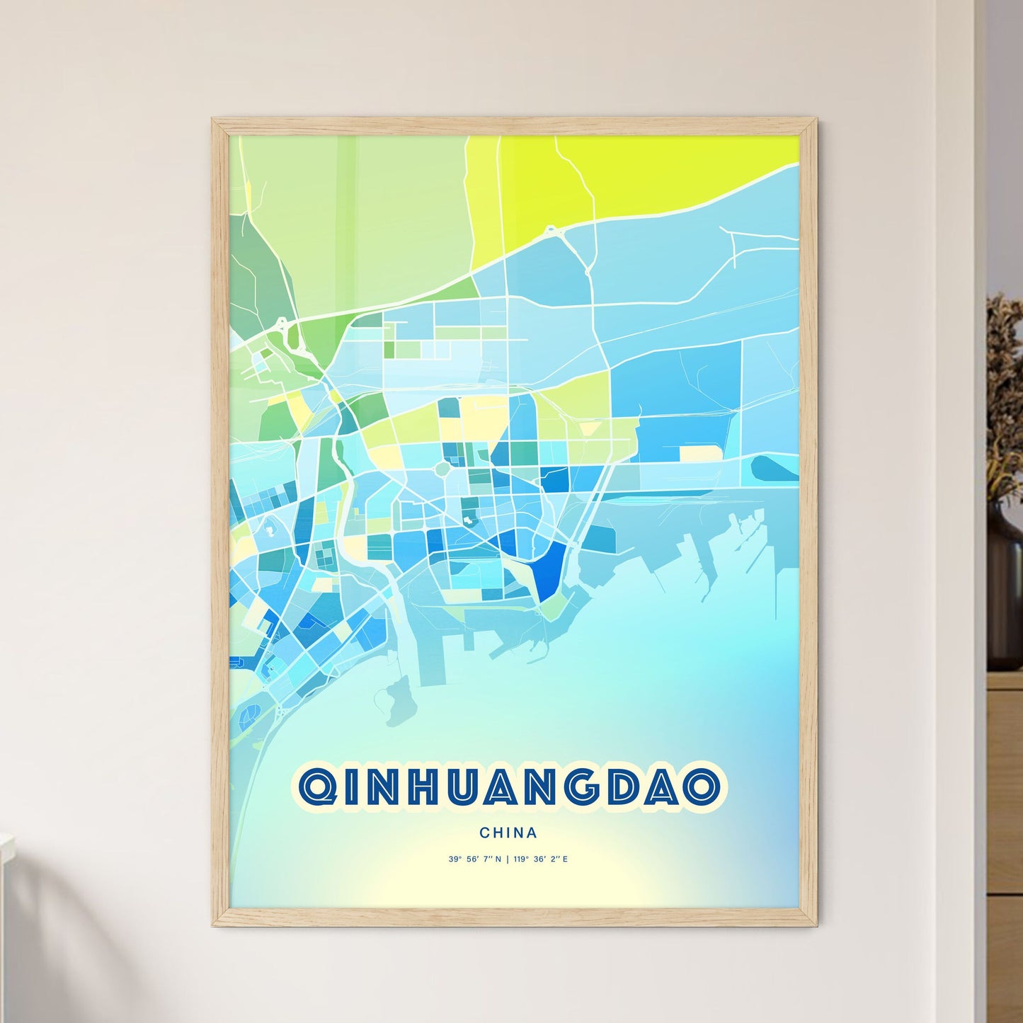 Colorful QINHUANGDAO CHINA Fine Art Map Cool Blue