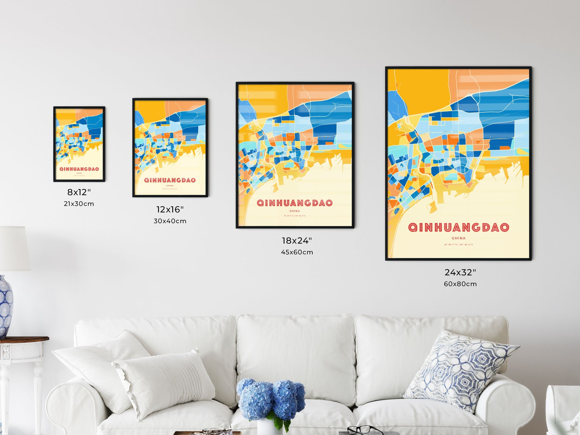 Colorful QINHUANGDAO CHINA Fine Art Map Blue Orange