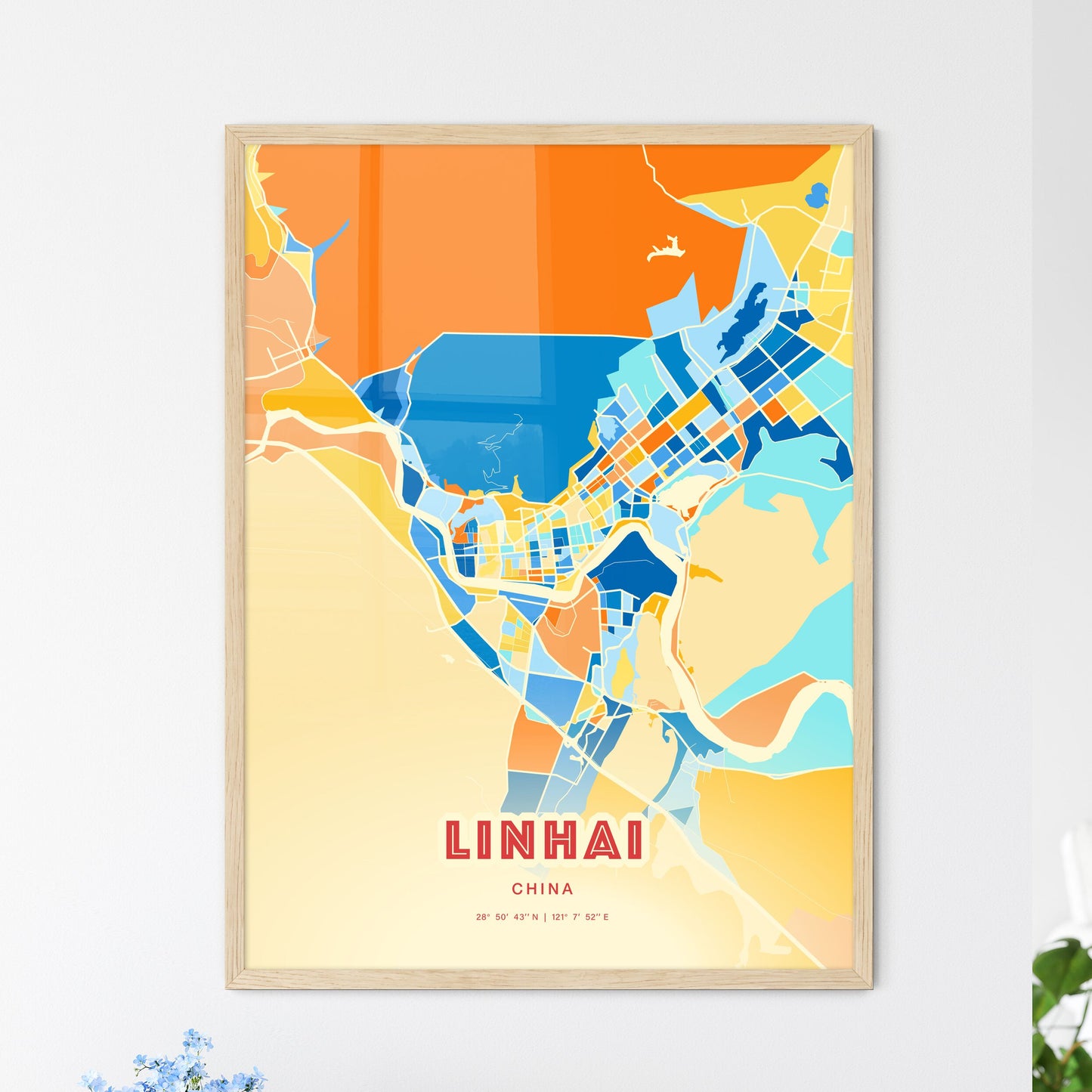 Colorful LINHAI CHINA Fine Art Map Blue Orange