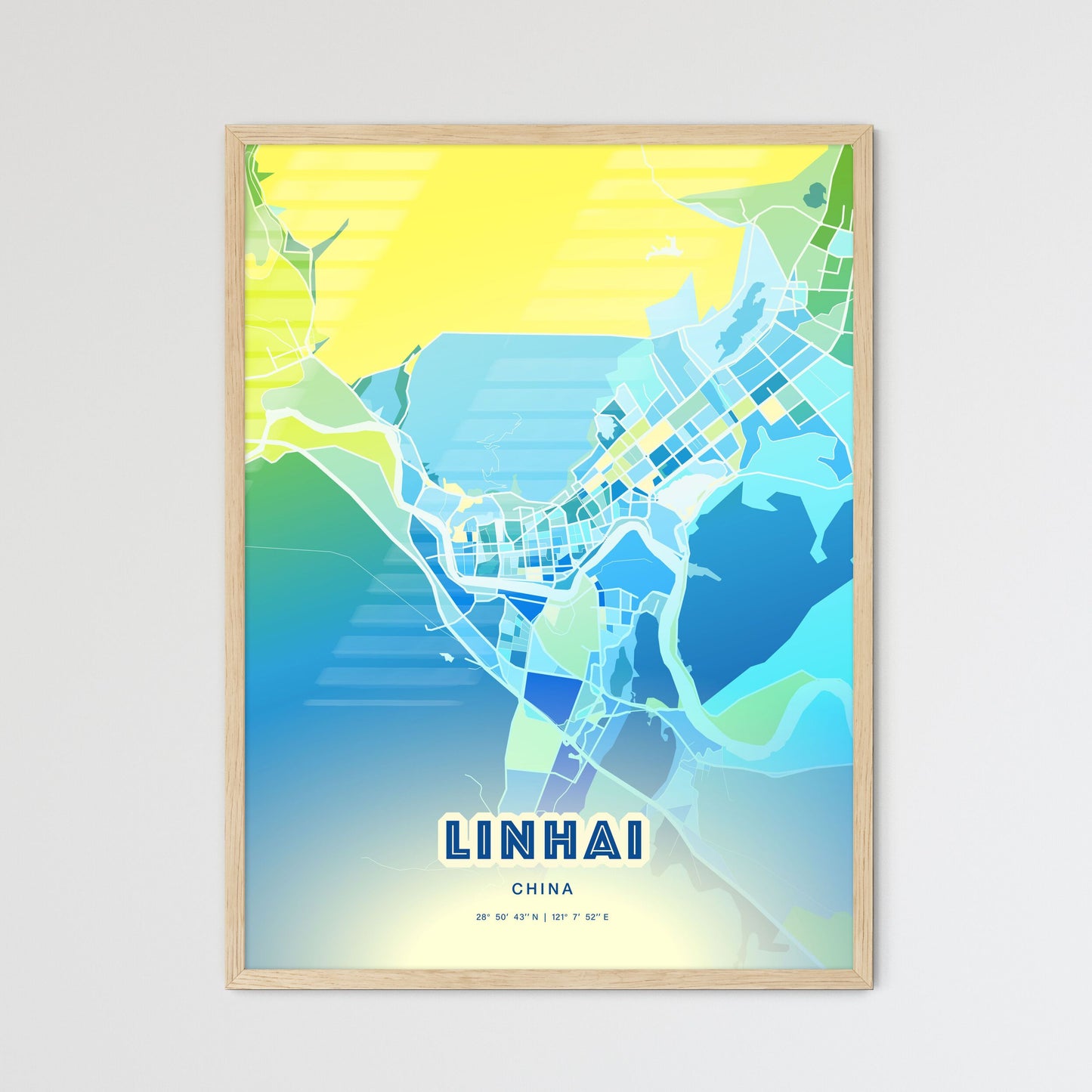 Colorful LINHAI CHINA Fine Art Map Cool Blue