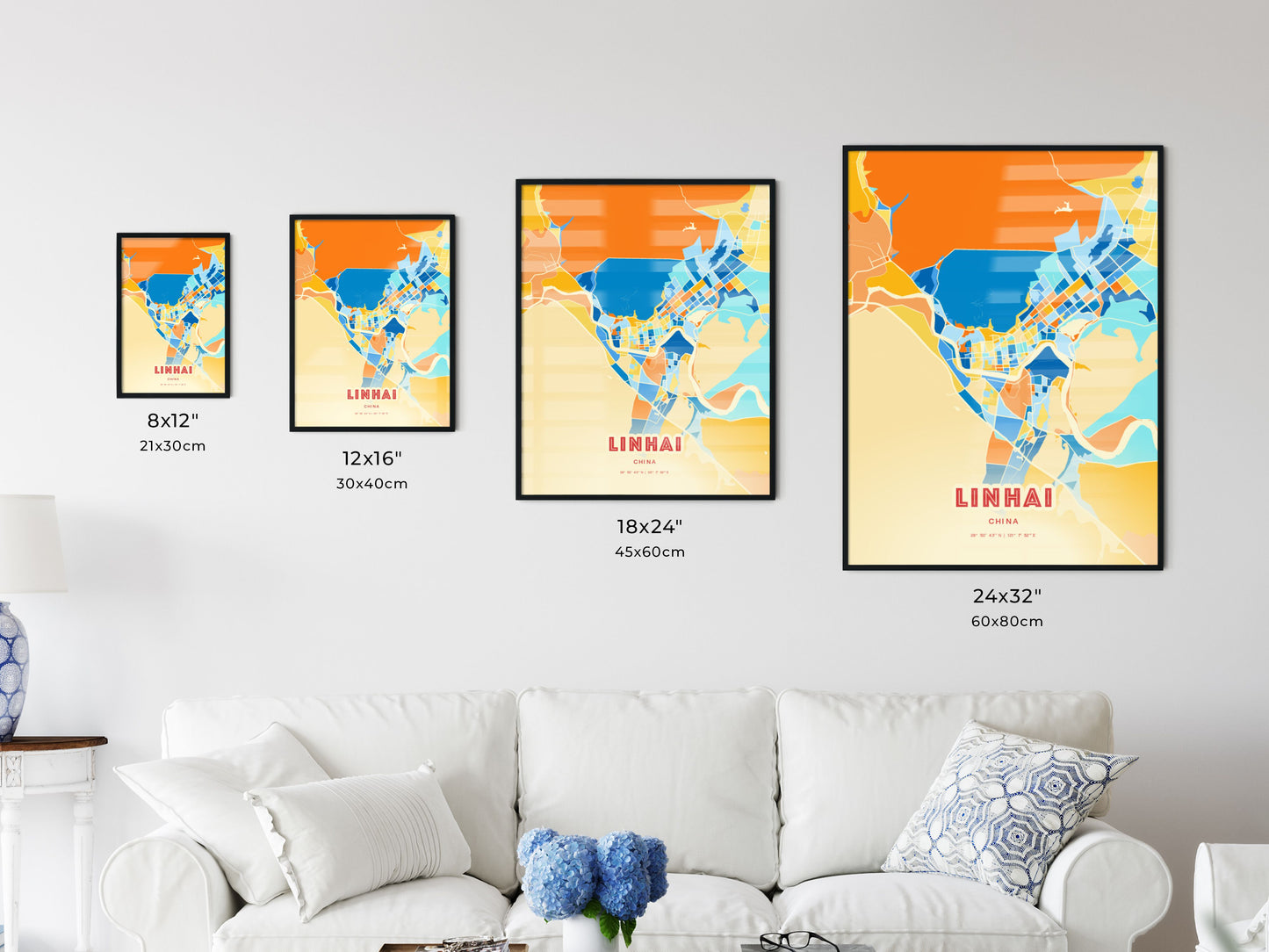 Colorful LINHAI CHINA Fine Art Map Blue Orange