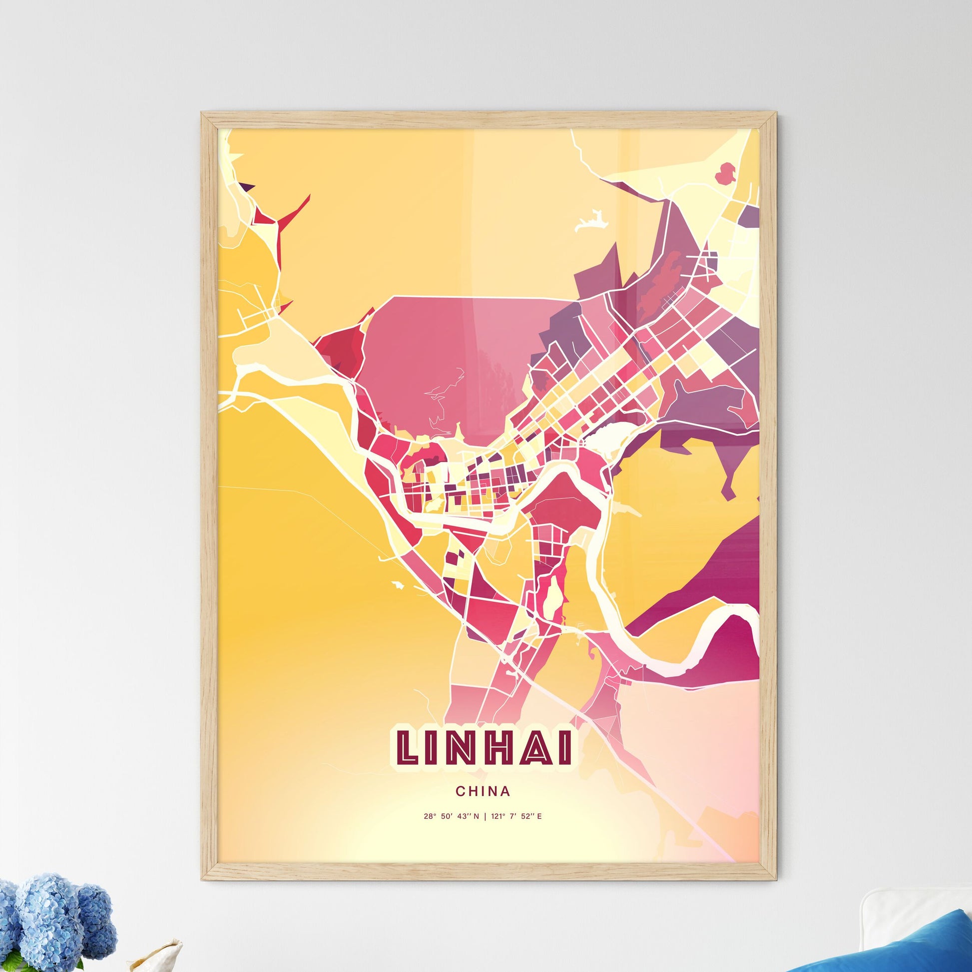 Colorful LINHAI CHINA Fine Art Map Hot Red