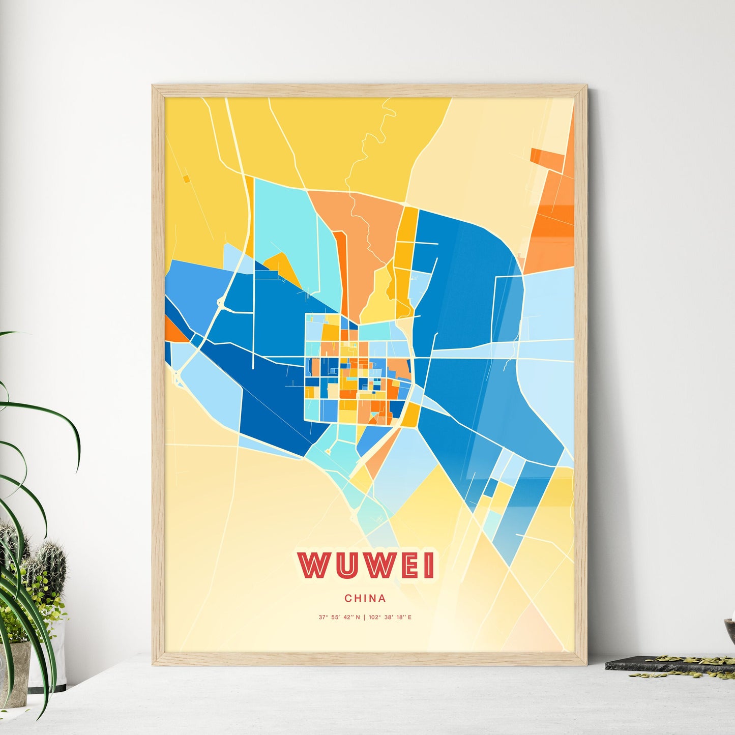 Colorful WUWEI CHINA Fine Art Map Blue Orange