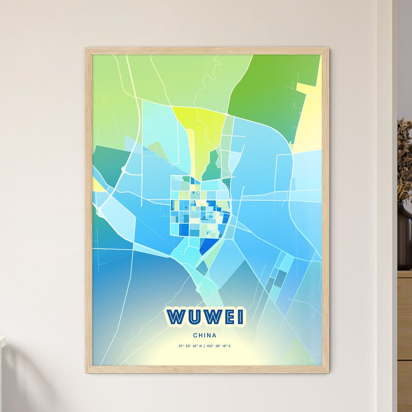 Colorful WUWEI CHINA Fine Art Map Cool Blue