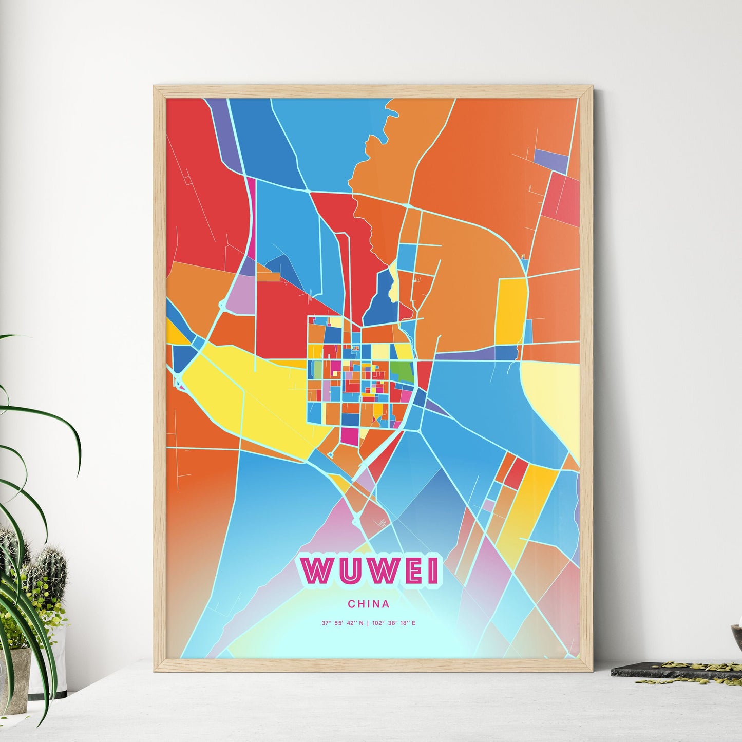 Colorful WUWEI CHINA Fine Art Map Crazy Colors