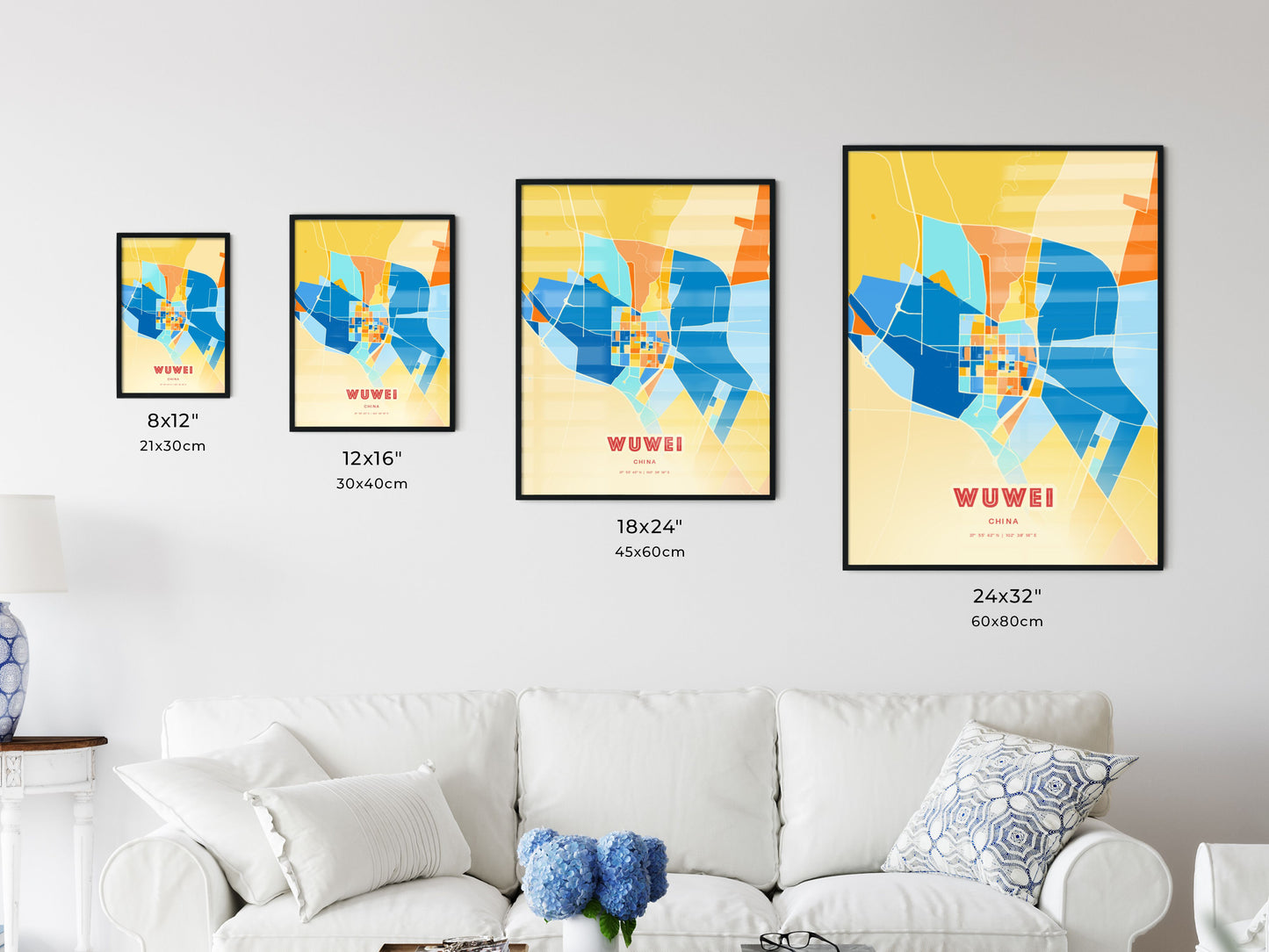 Colorful WUWEI CHINA Fine Art Map Blue Orange