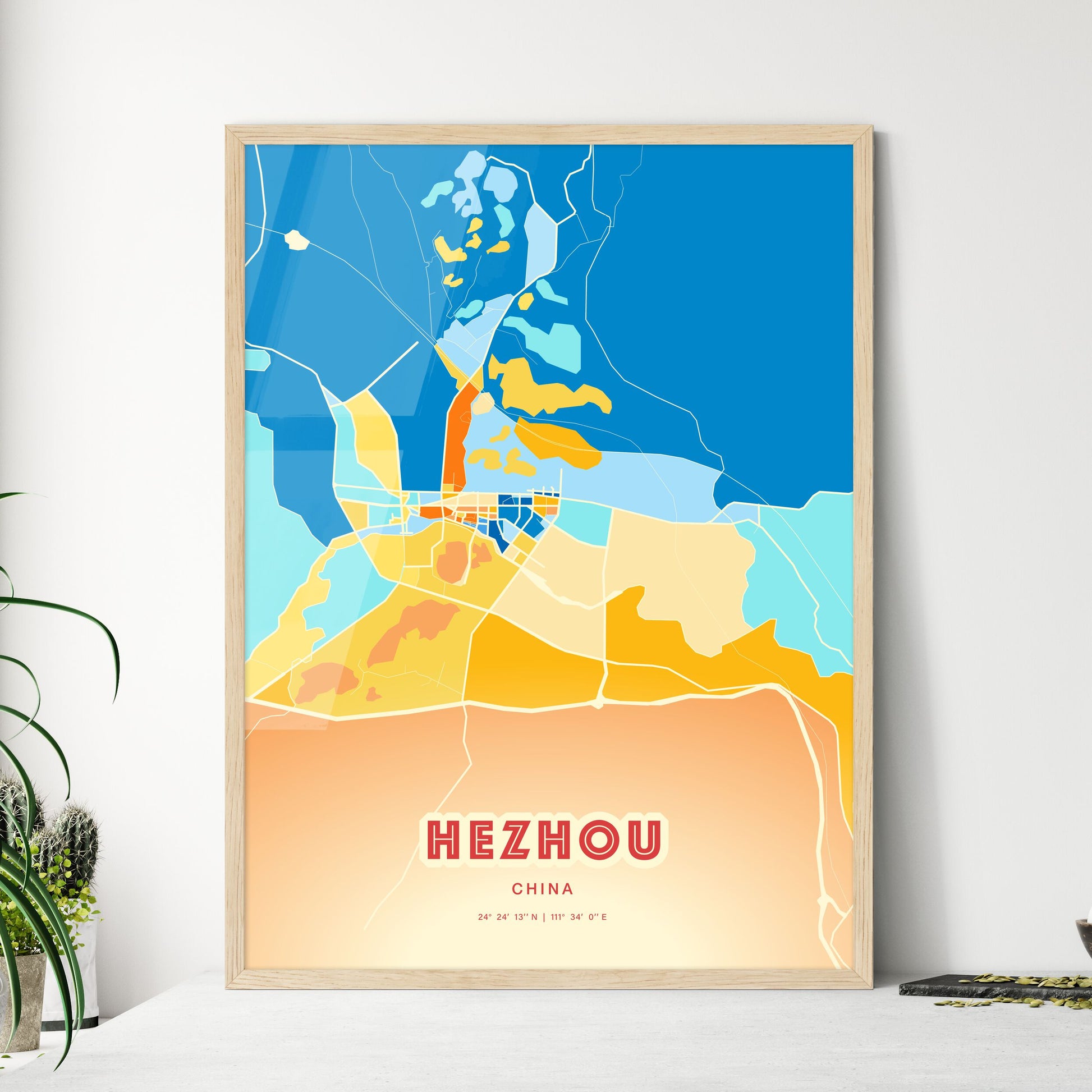 Colorful HEZHOU CHINA Fine Art Map Blue Orange