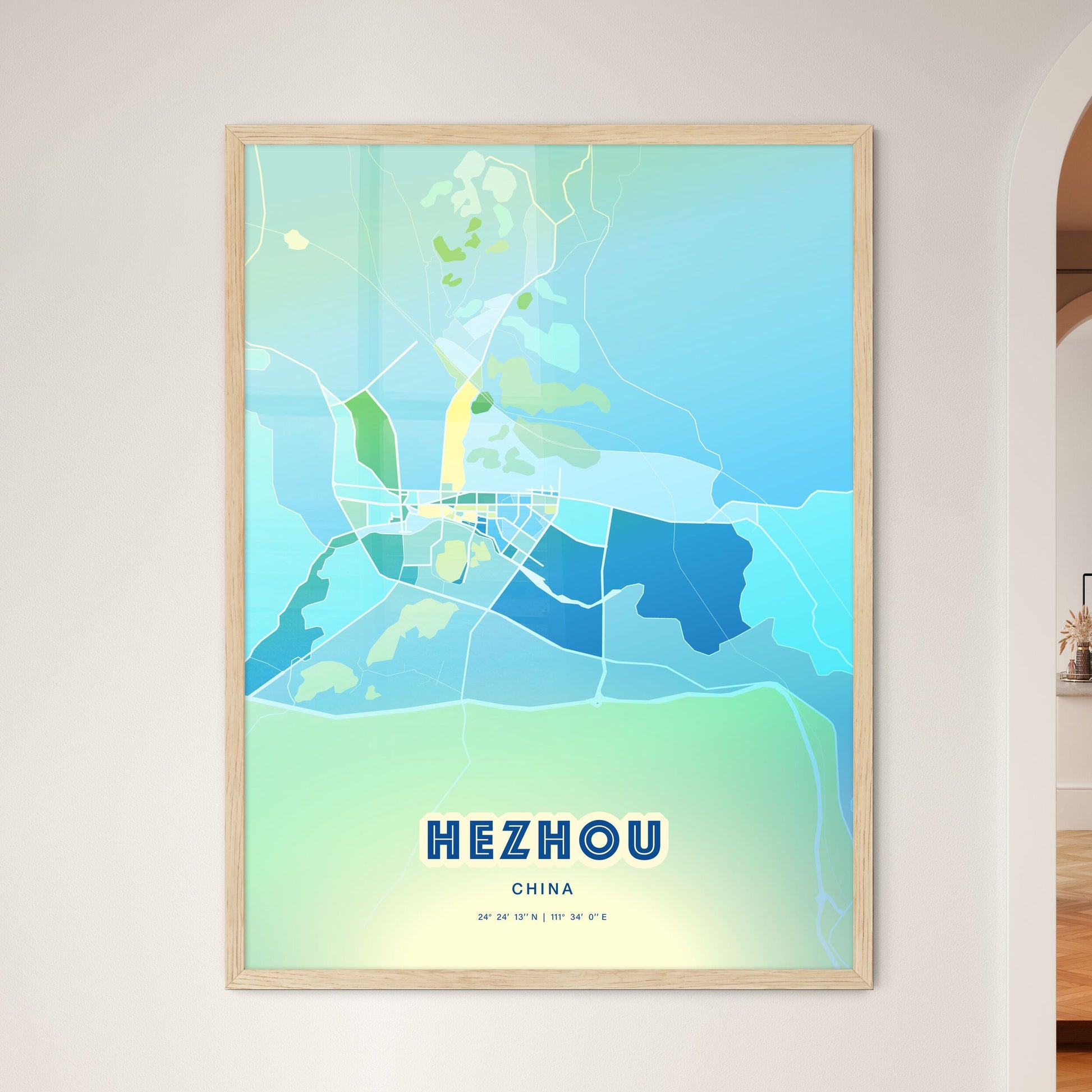 Colorful HEZHOU CHINA Fine Art Map Cool Blue