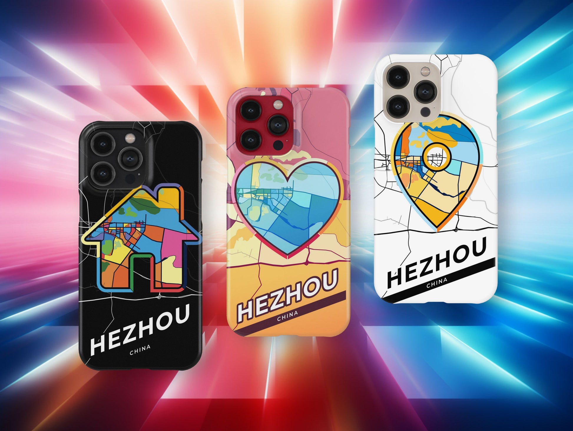 Hezhou China slim phone case with colorful icon. Birthday, wedding or housewarming gift. Couple match cases.