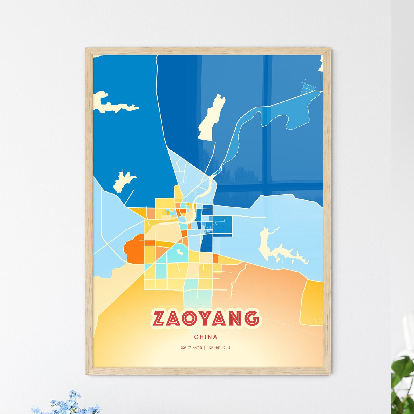 Colorful ZAOYANG CHINA Fine Art Map Blue Orange