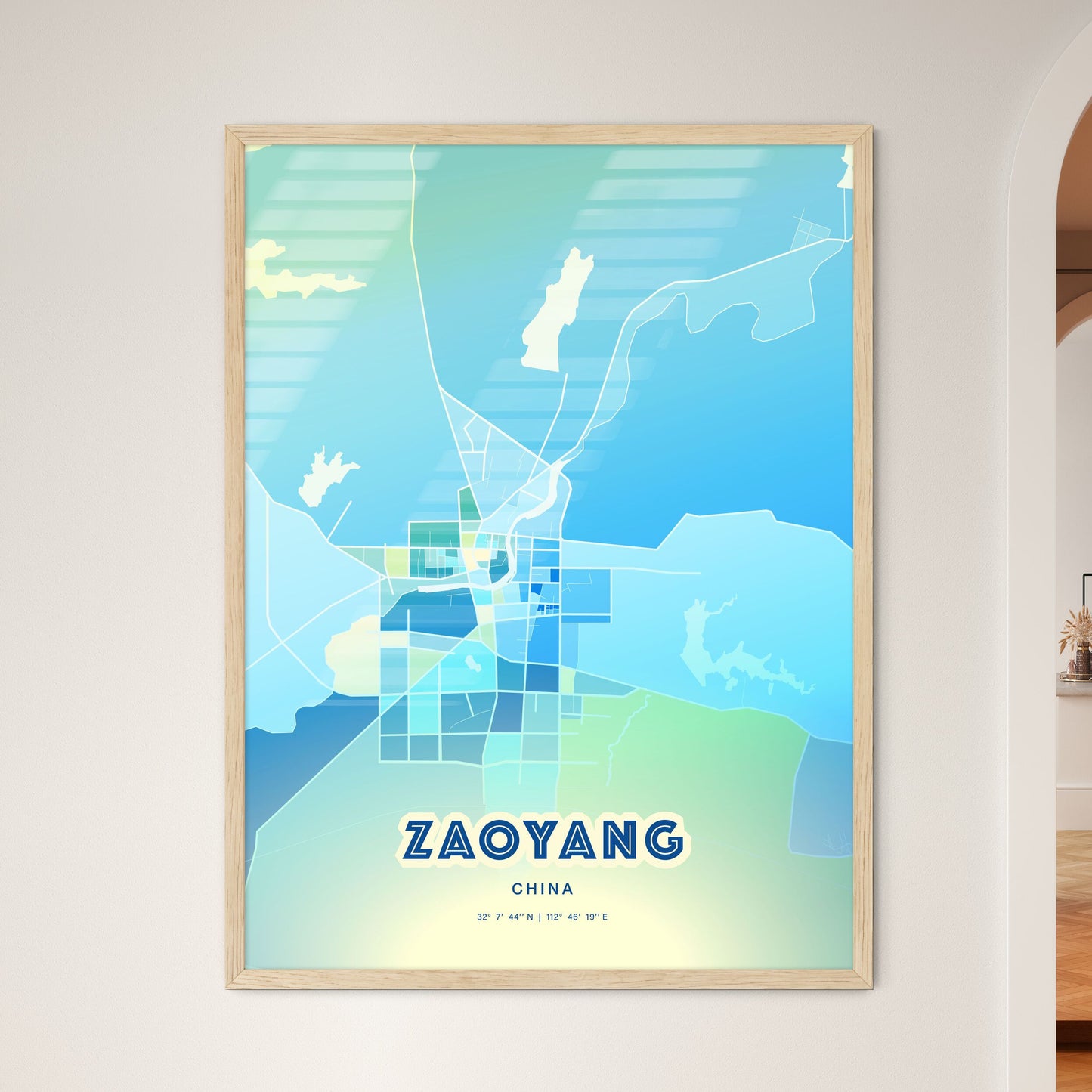 Colorful ZAOYANG CHINA Fine Art Map Cool Blue